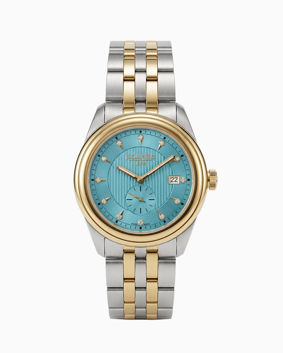 Vespera Diamond 41 mm Quartz Two-Hand Date Turquoise Sunray Dial Two-Tone Bracelet Sapphire Glass Stainless Steel Swiss Watch
