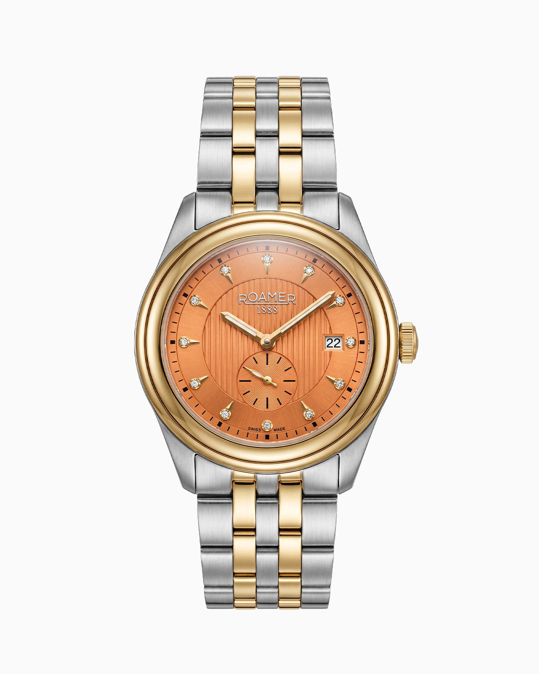 Vespera Diamond 41 mm Quartz Two-Hand Date Orange Sunray Dial Two-Tone Bracelet Sapphire Glass Stainless Steel Swiss Watch