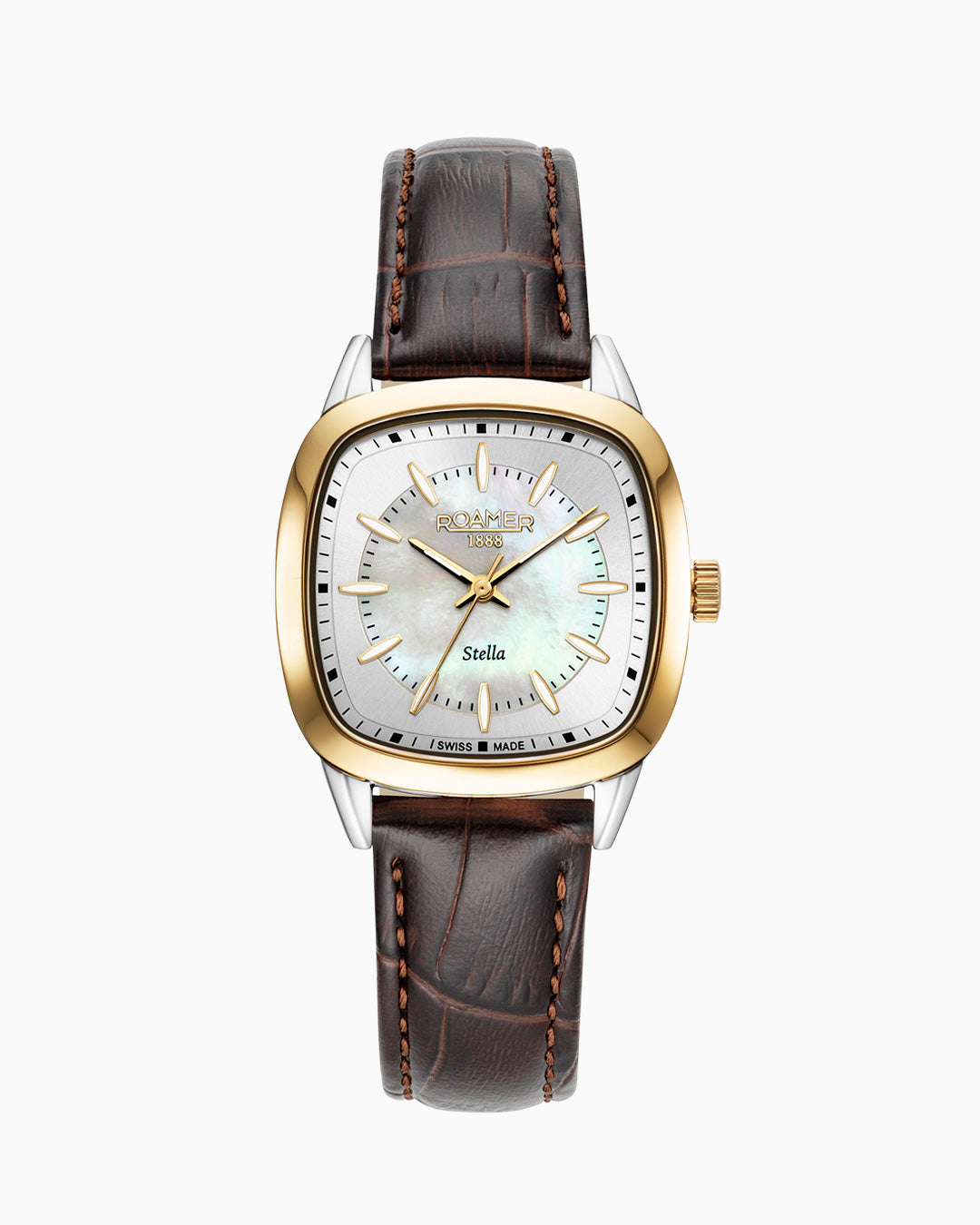 Stella 32.5mm Quartz Three-Hand White Mop Dial Brown Leather Bracelet Sapphire antireflection glass Stainless Steel swiss watch