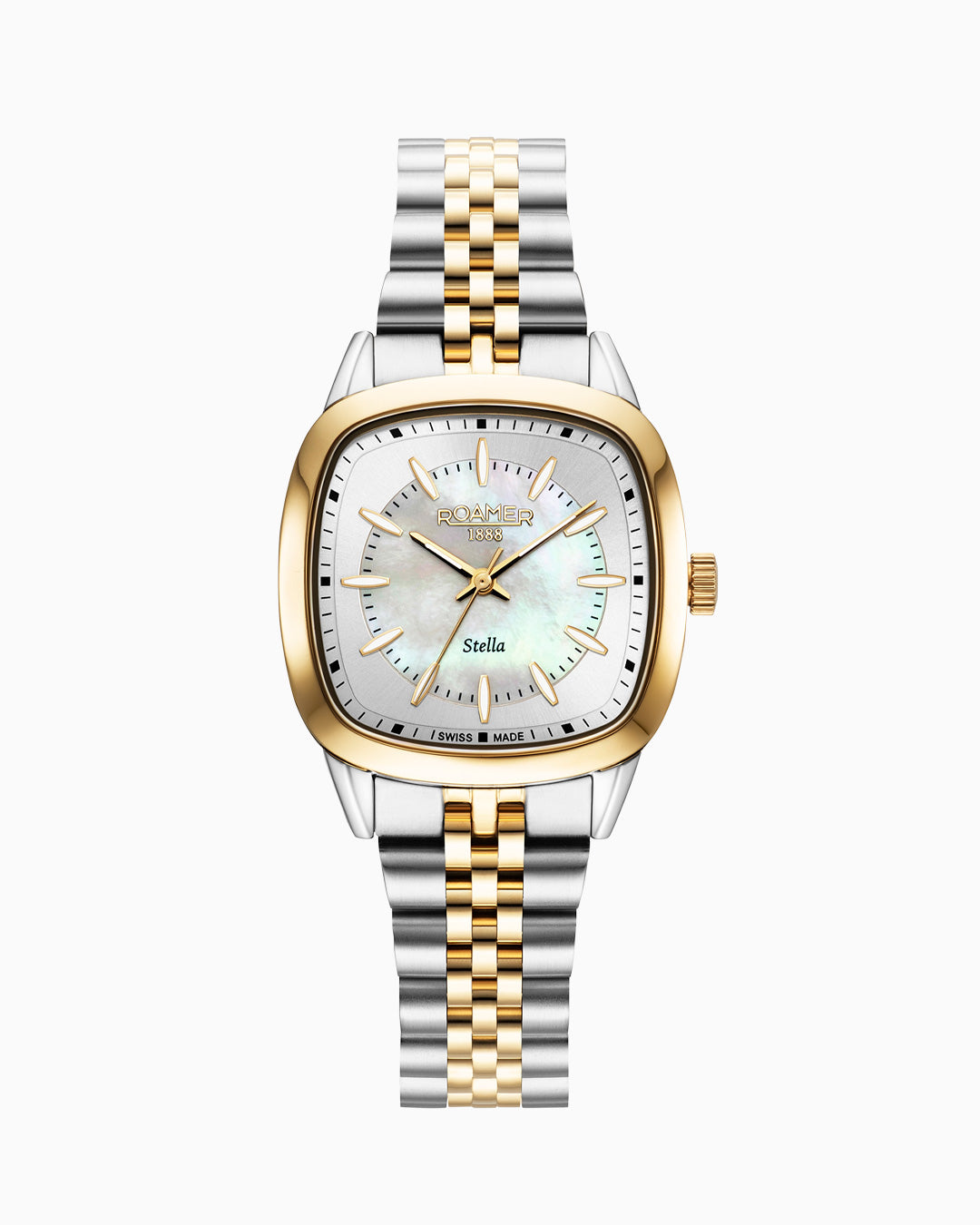 Stella 32.5mm Quartz Three-Hand White Mop Dial Gold-Silver Tone Bracelet Sapphire antireflection glass Stainless Steel swiss watch