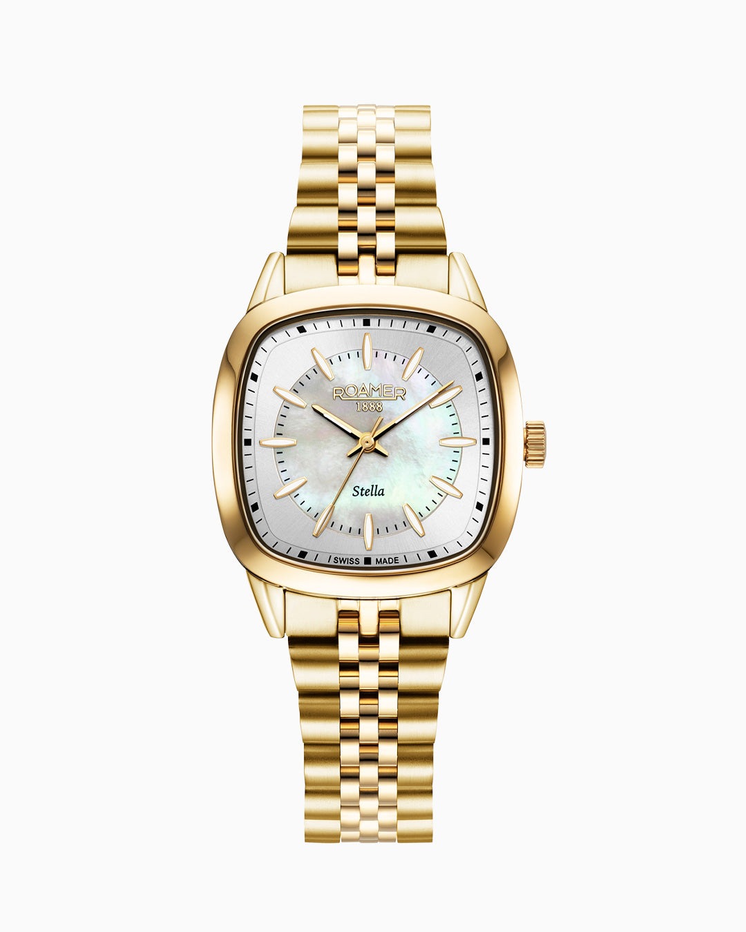 Stella 32.5mm Quartz Three-Hand White MOP Gold Bracelet Sapphire antireflection glass Stainless Steel swiss watch