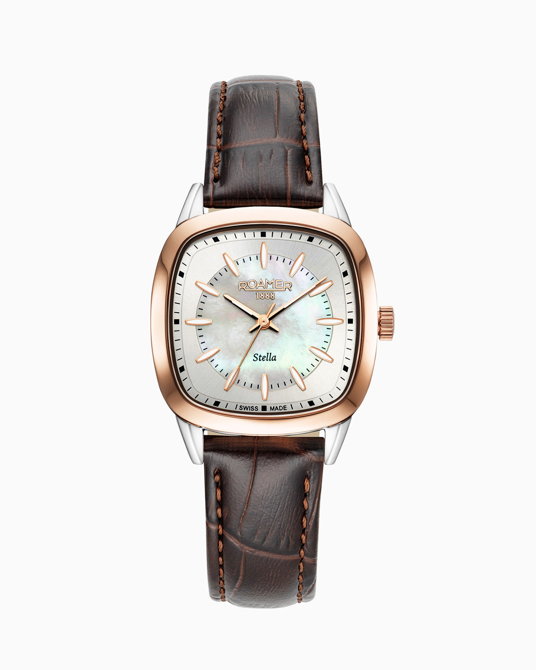 Stella 32.5mm Quartz Three-Hand White Mop Dial RoseGold-Tone Case Brown Leather Bracelet Sapphire antireflection glass Stainless Steel swiss watch
