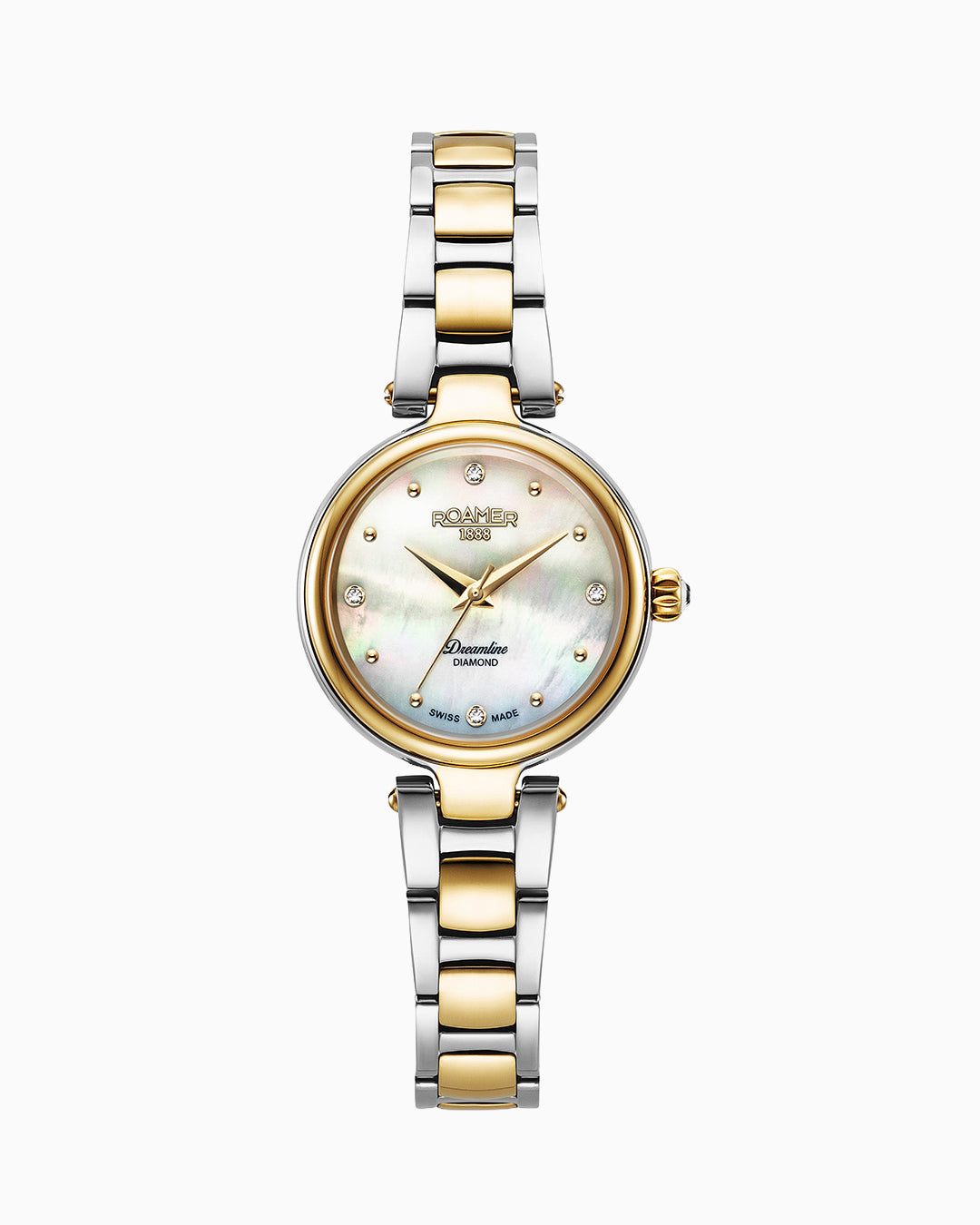 Roamer Dreamline Diamonds 28 mm Quartz Three-Hand White Mop Dial Gold-Silver Tone Bracelet Sapphire glass Stainless Steel swiss watch