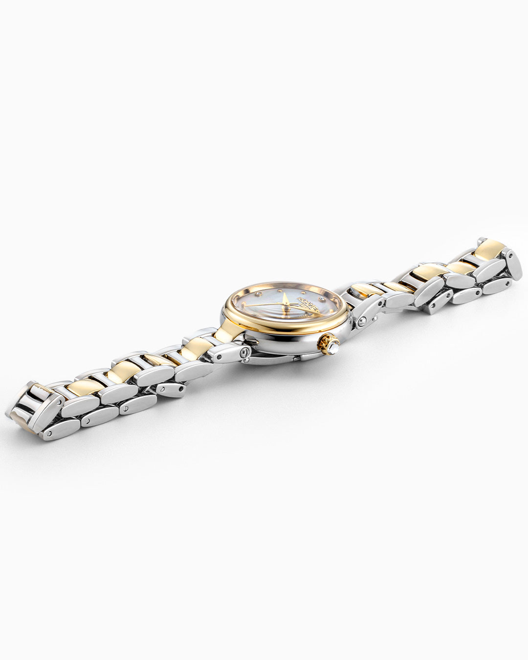 Dreamline Diamonds 28 mm Quartz Three-Hand White Mop Dial Gold-Silver Tone Bracelet Sapphire glass Stainless Steel swiss watch