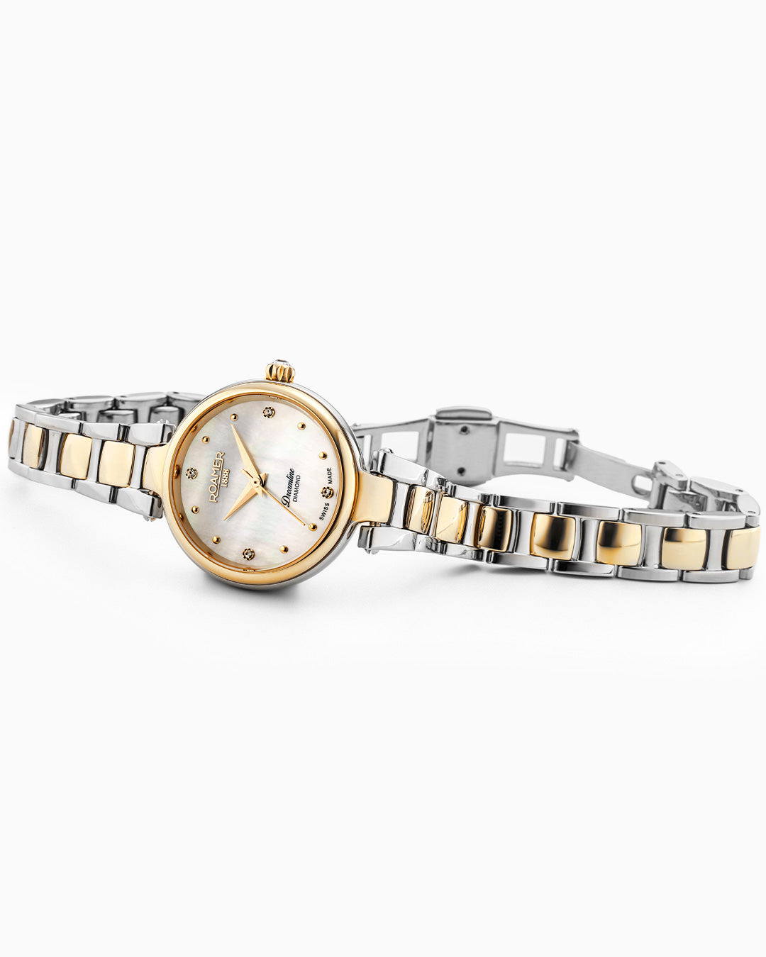Dreamline Diamonds 28 mm Quartz Three-Hand White Mop Dial Gold-Silver Tone Bracelet Sapphire glass Stainless Steel swiss watch