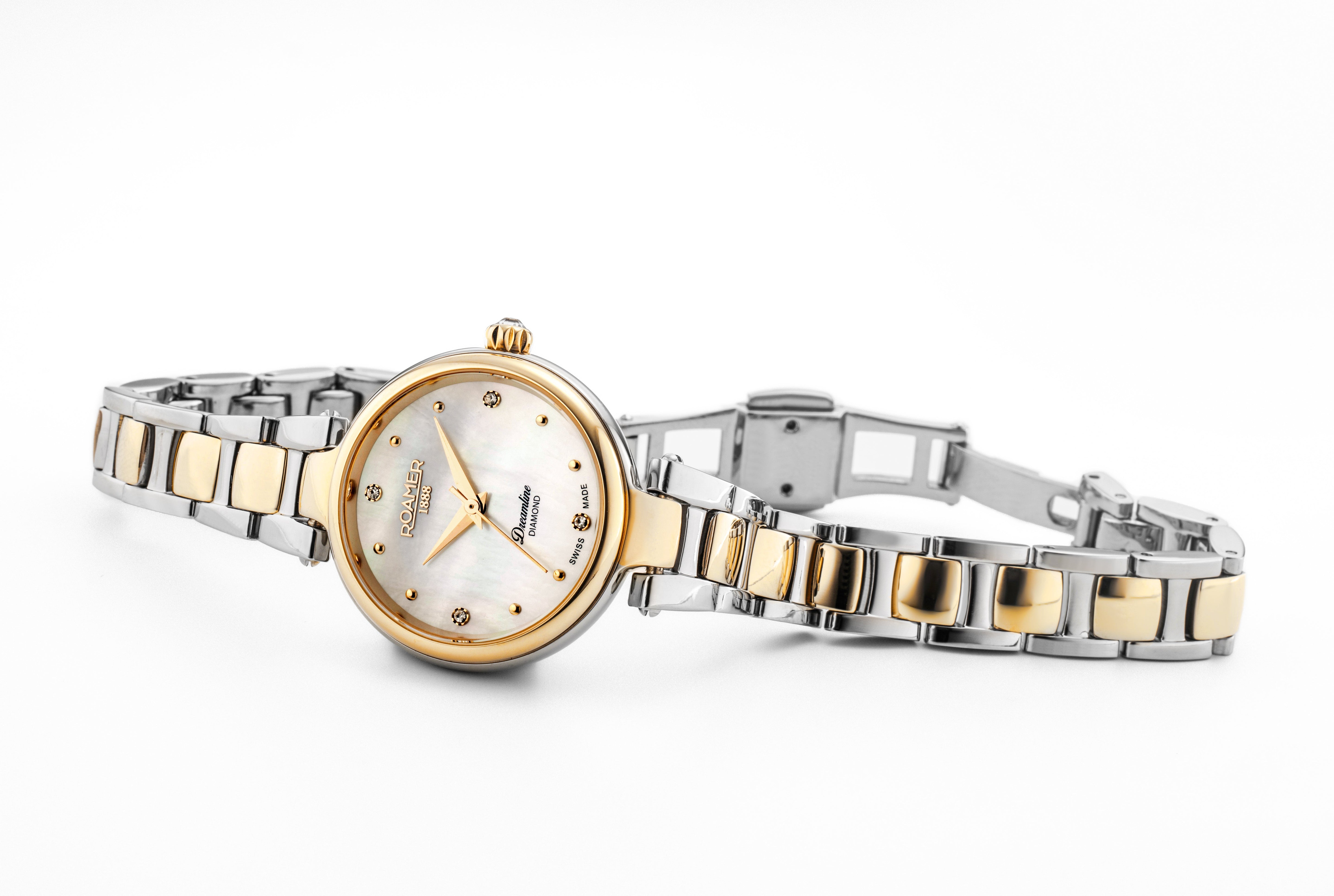 Dreamline Diamonds 28 mm Quartz Three-Hand White Mop Dial Gold-Silver Tone Bracelet Sapphire glass Stainless Steel swiss watch