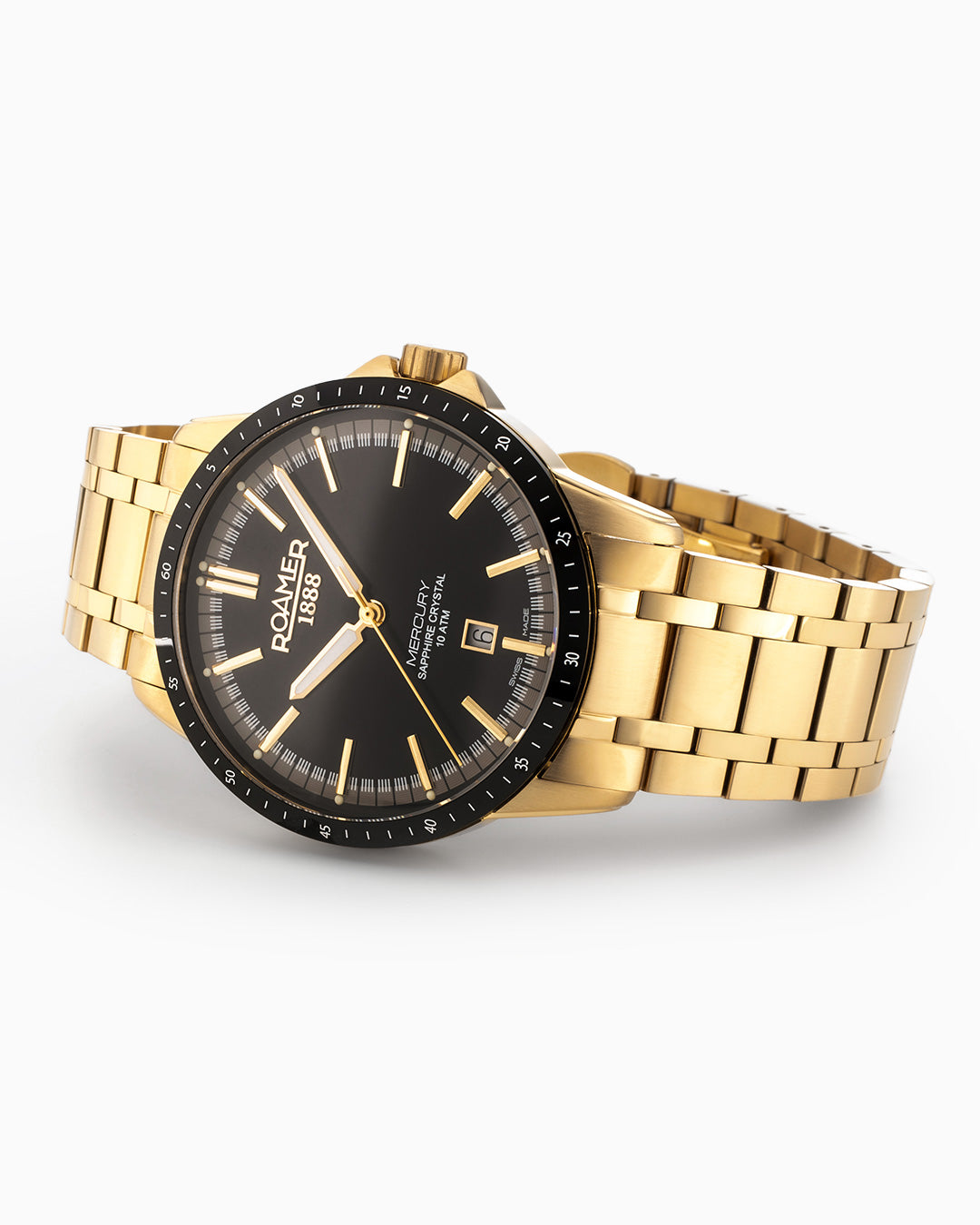 Mercury Classic 42 mm Quartz Three-Hand Date Black Dial Gold Bracelet Sapphire glass Stainless Steel swiss watch