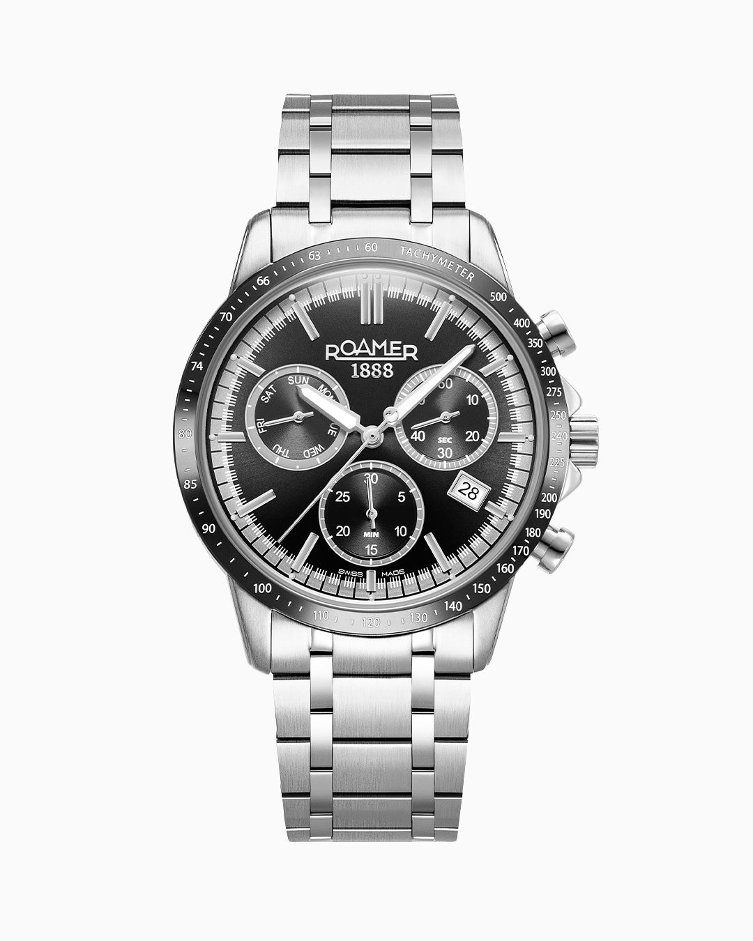 Mercury Chrono 43.5 mm Quartz Chronograph Date, small second Black Sunray Dial Silver Bracelet Sapphire glass Stainless Steel swiss watch