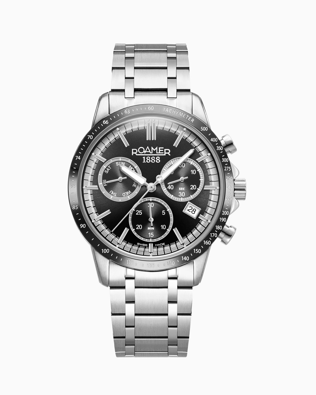 Mercury Chrono 43.5 mm Quartz Chronograph Date, small second Black Sunray Dial Silver Bracelet Sapphire glass Stainless Steel swiss watch
