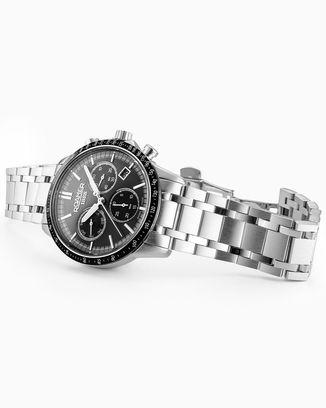 Mercury Chrono 43.5 mm Quartz Chronograph Date, small second Black Sunray Dial Silver Bracelet Sapphire glass Stainless Steel swiss watch