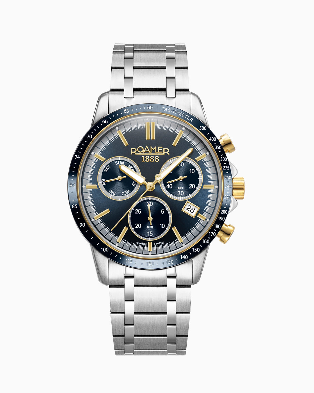 Mercury Chrono 43.5mm Quartz Chronograph Date, small second Blue Sunray Dial Silver Bracelet Sapphire glass Stainless Steel swiss watch