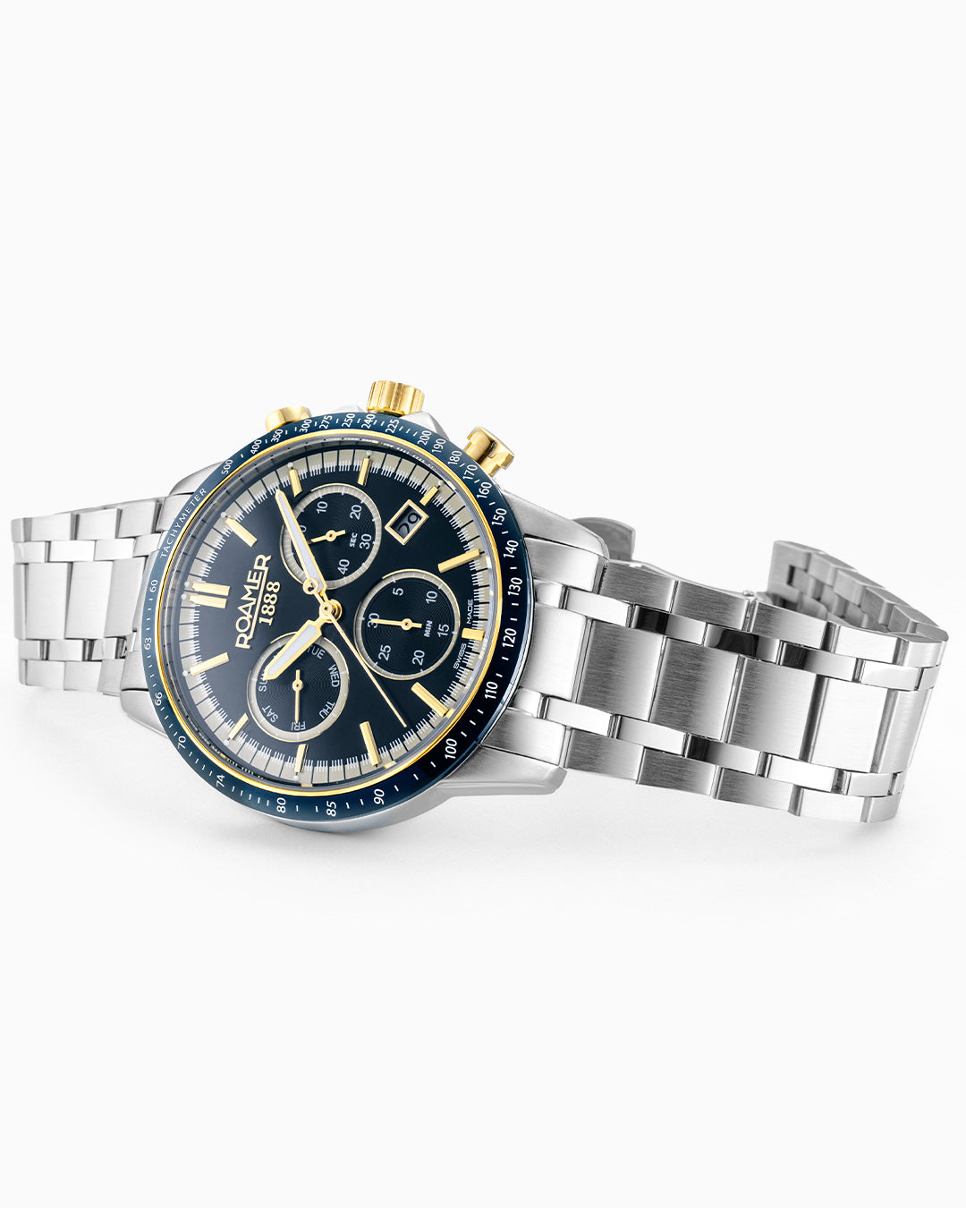 Mercury Chrono 43.5mm Quartz Chronograph Date, small second Blue Sunray Dial Silver Bracelet Sapphire glass Stainless Steel swiss watch