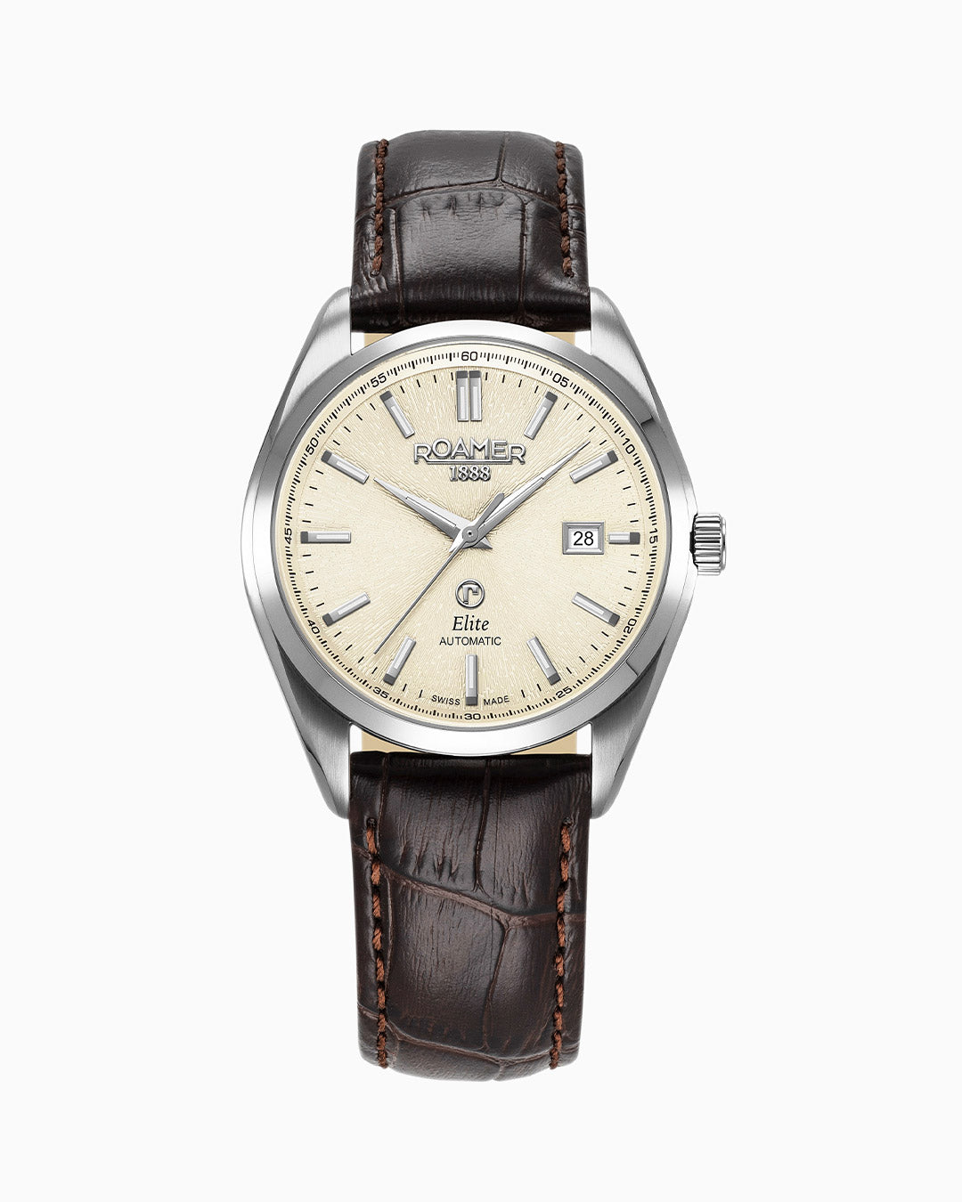 Elite 42mm Automatic Three-Hand Date Beige Dial Silver Bracelet Leather Strap Set Sapphire glass Stainless Steel swiss watch