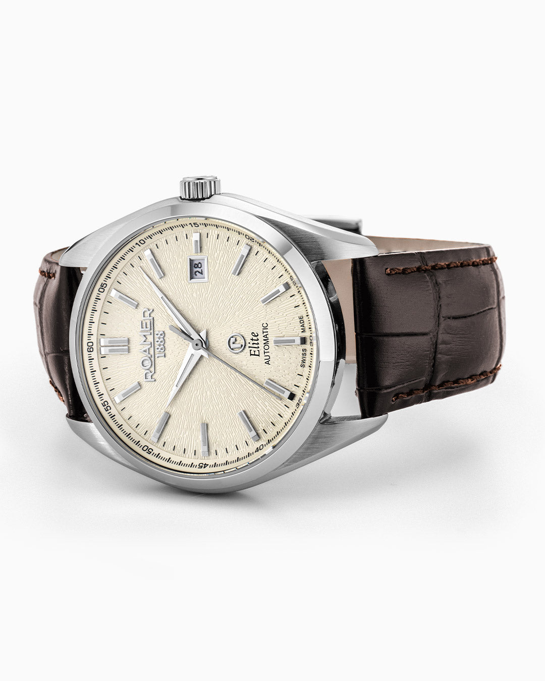 Elite 42mm Automatic Three-Hand Date Beige Dial Silver Bracelet Leather Strap Set Sapphire glass Stainless Steel swiss watch