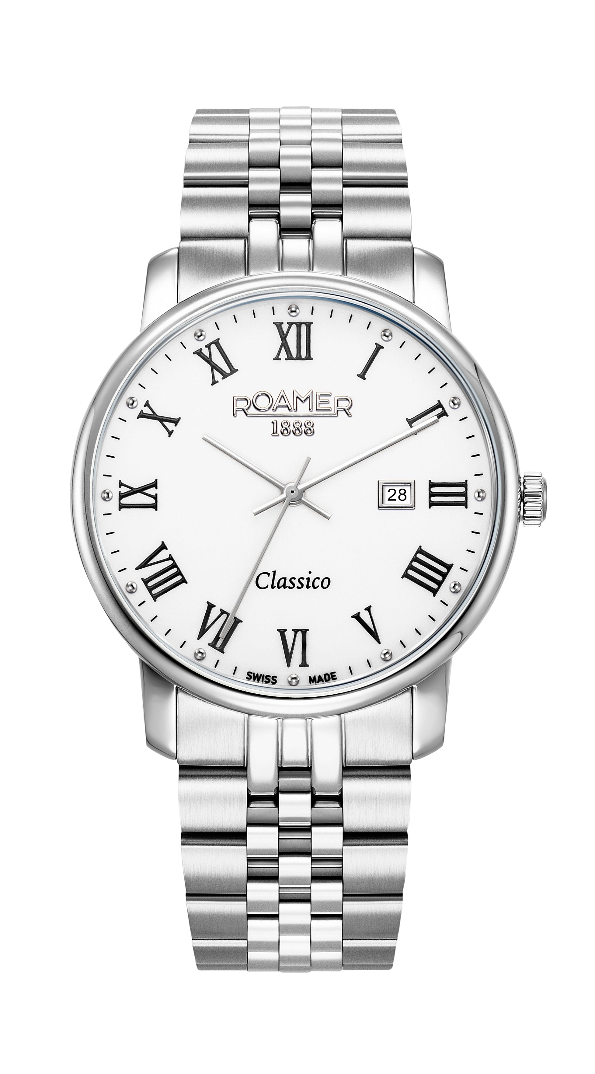 Classico Gents 40 mm Quartz Three-Hand Date White Dial Silver Bracelet Sapphire glass Stainless Steel swiss watch