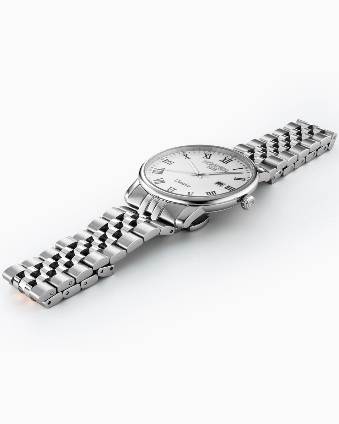 Classico Gents 40 mm Quartz Three-Hand Date White Dial Silver Bracelet Sapphire glass Stainless Steel swiss watch