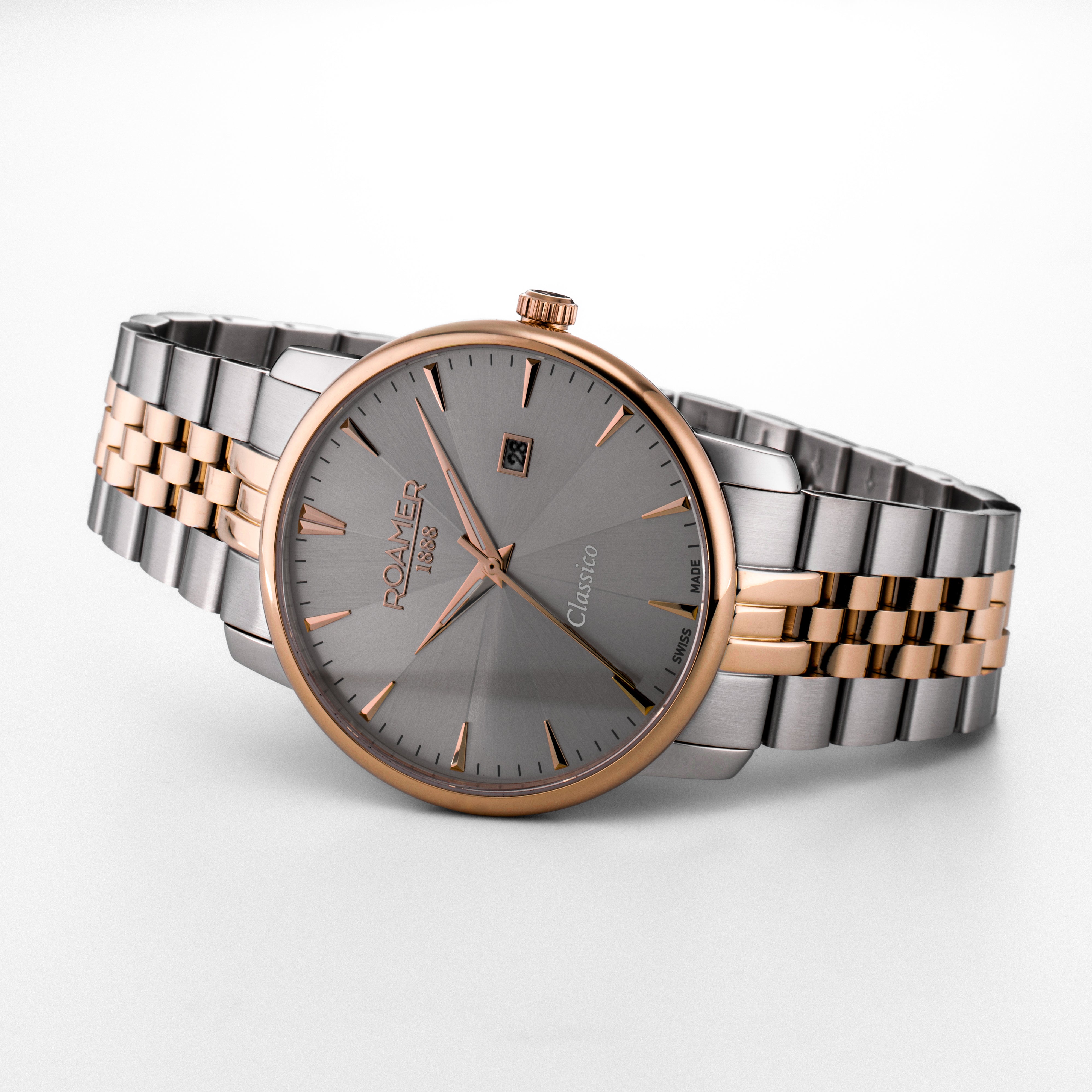 Classico Gents 40 mm Quartz Three-Hand White Dial Date White Dial RoseGold-Silver Tone Bracelet Sapphire glass Stainless Steel swiss watch