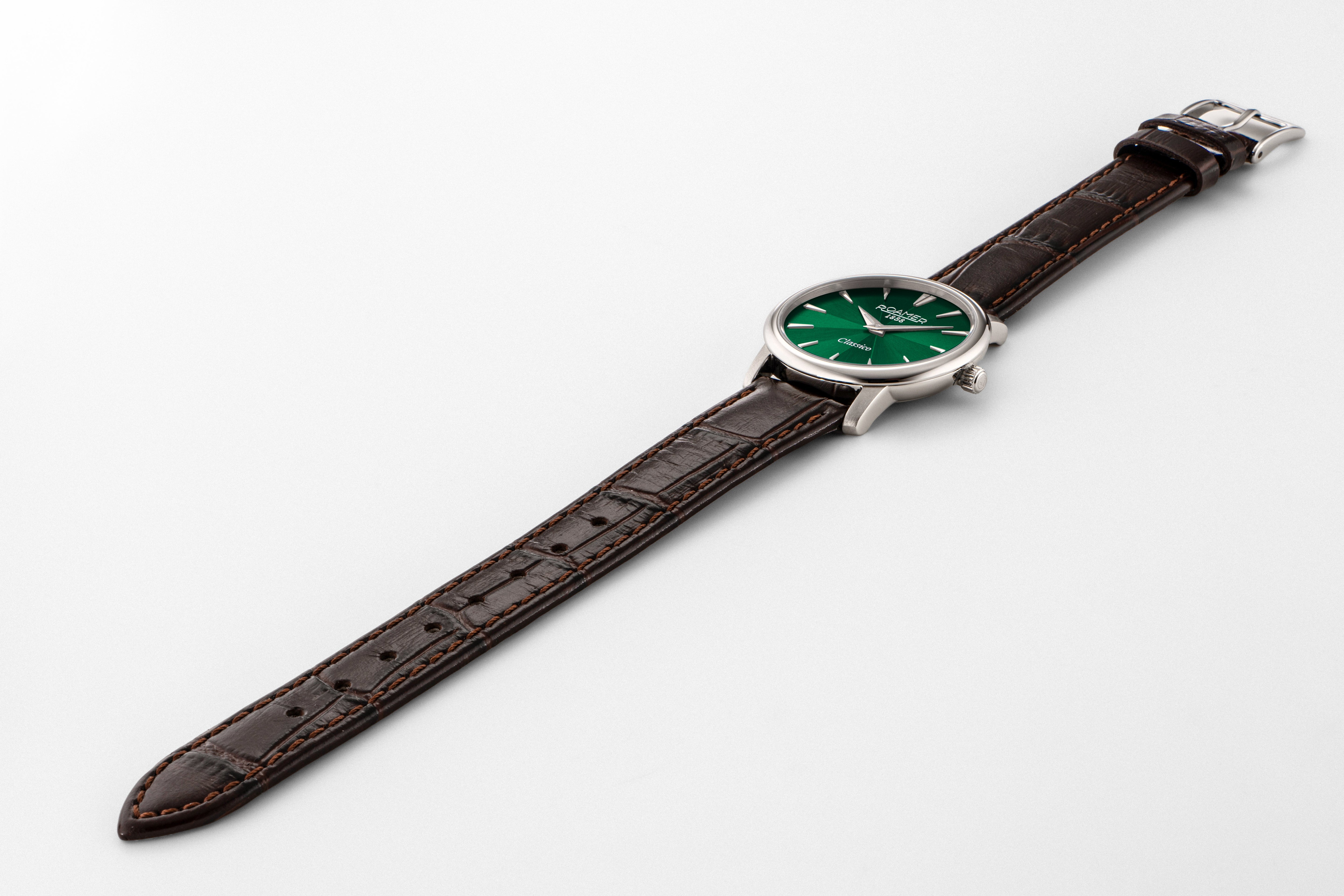 Classico Ladies 30mm Quartz Two-Hand Green Sunray Dial Brown Leather Strap Sapphire glass Stainless Steel swiss watch
