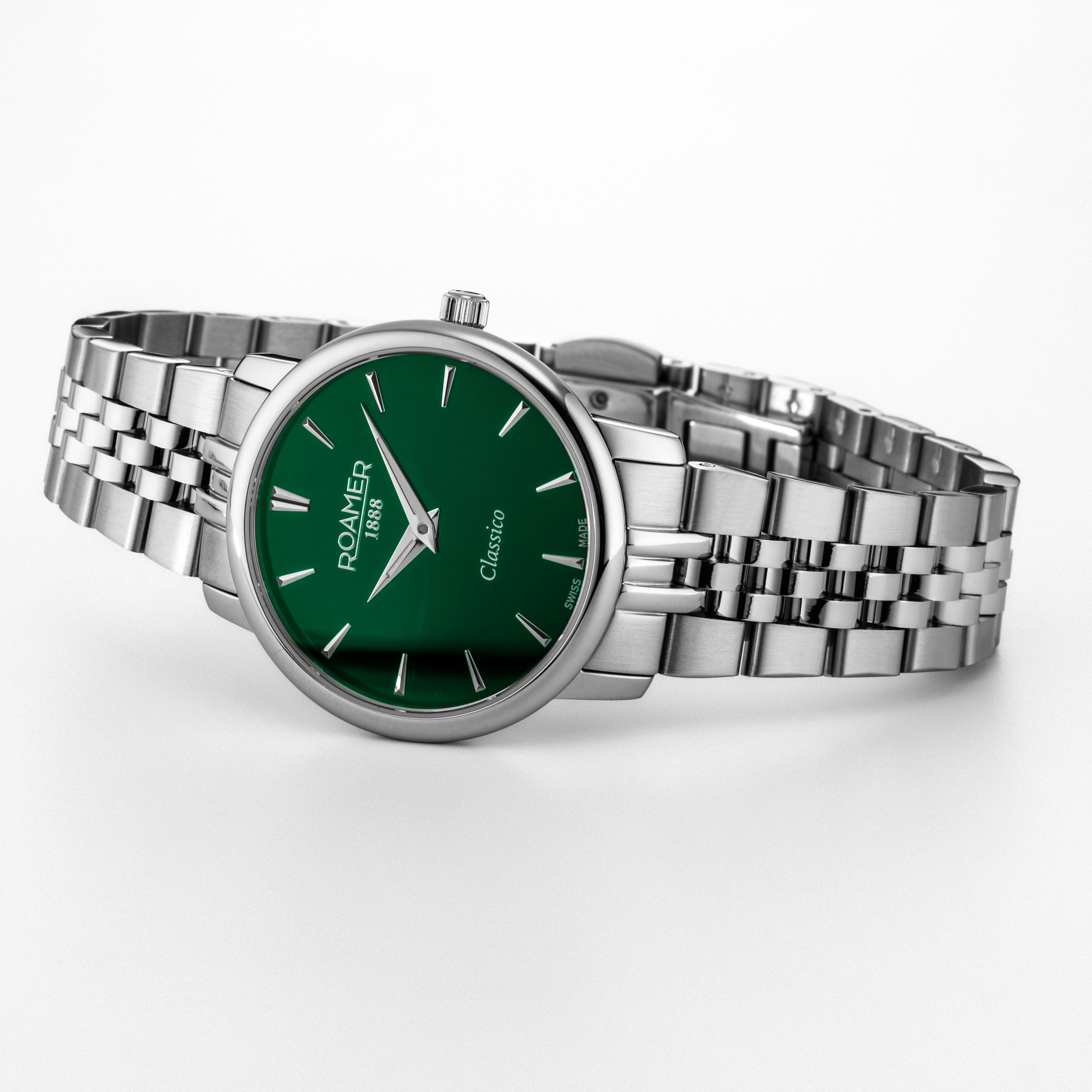 Classico Ladies 30mm Quartz Two-Hand Green Sunray Dial Silver Bracelet Sapphire glass Stainless Steel swiss watch