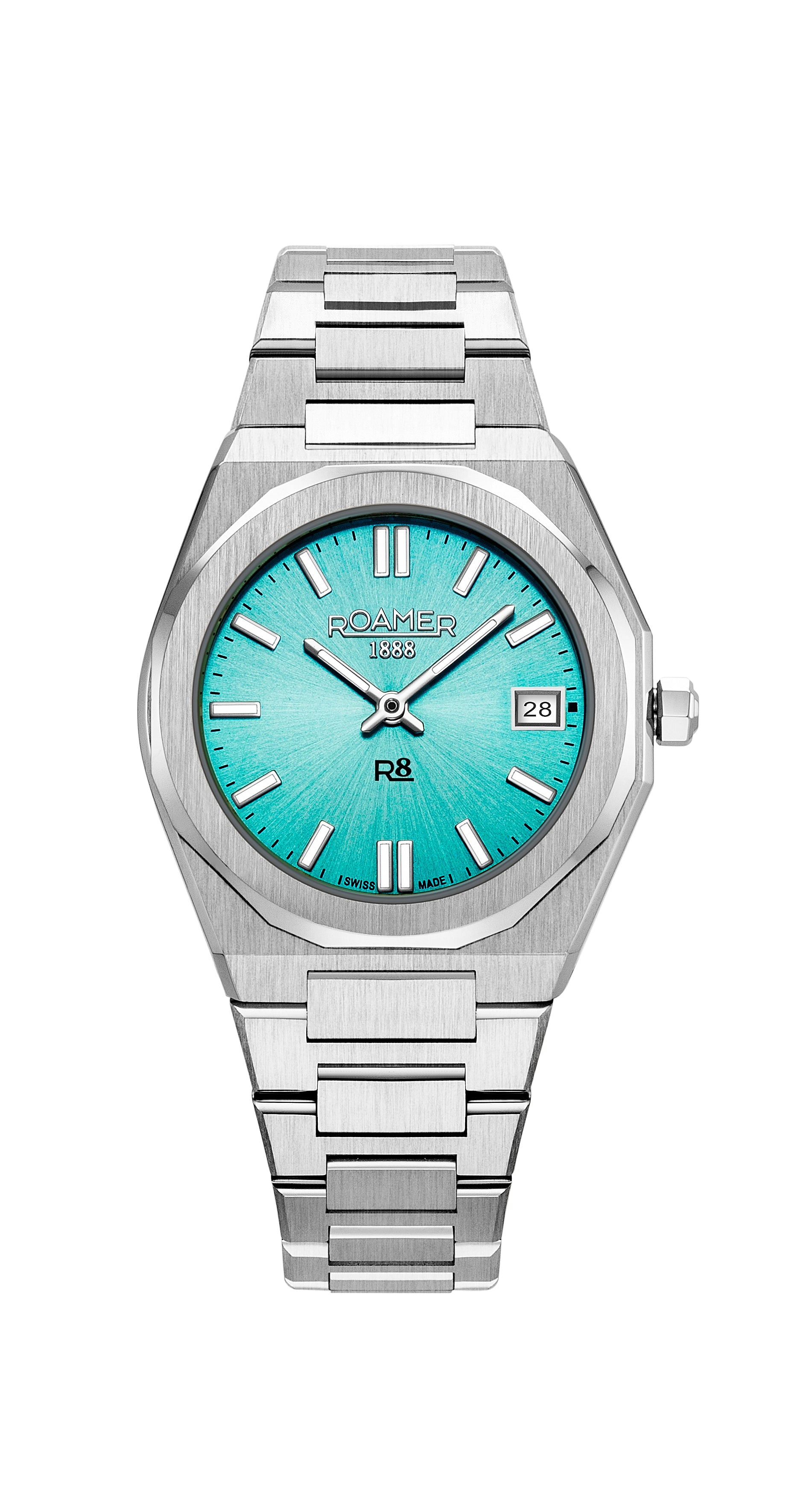 R8 Ladies 32.5mm Quartz Two-Hand Date Light Blue Sunray Dial Silver Bracelet Sapphire glass Stainless Steel swiss watch