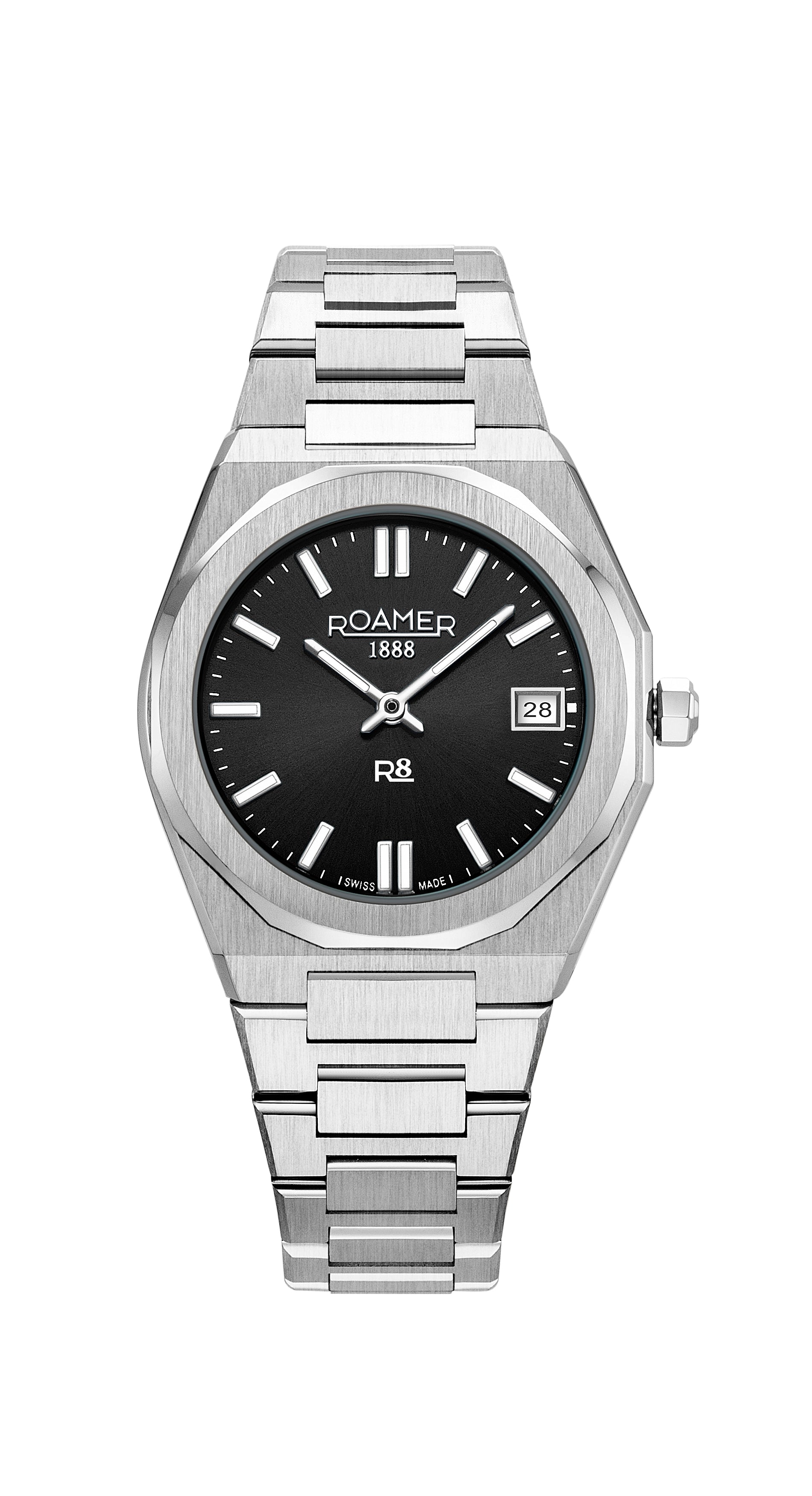 R8 Ladies 32.5mm Quartz Two-Hand Date Black Sunray Dial Silver Bracelet Sapphire glass Stainless Steel swiss watch