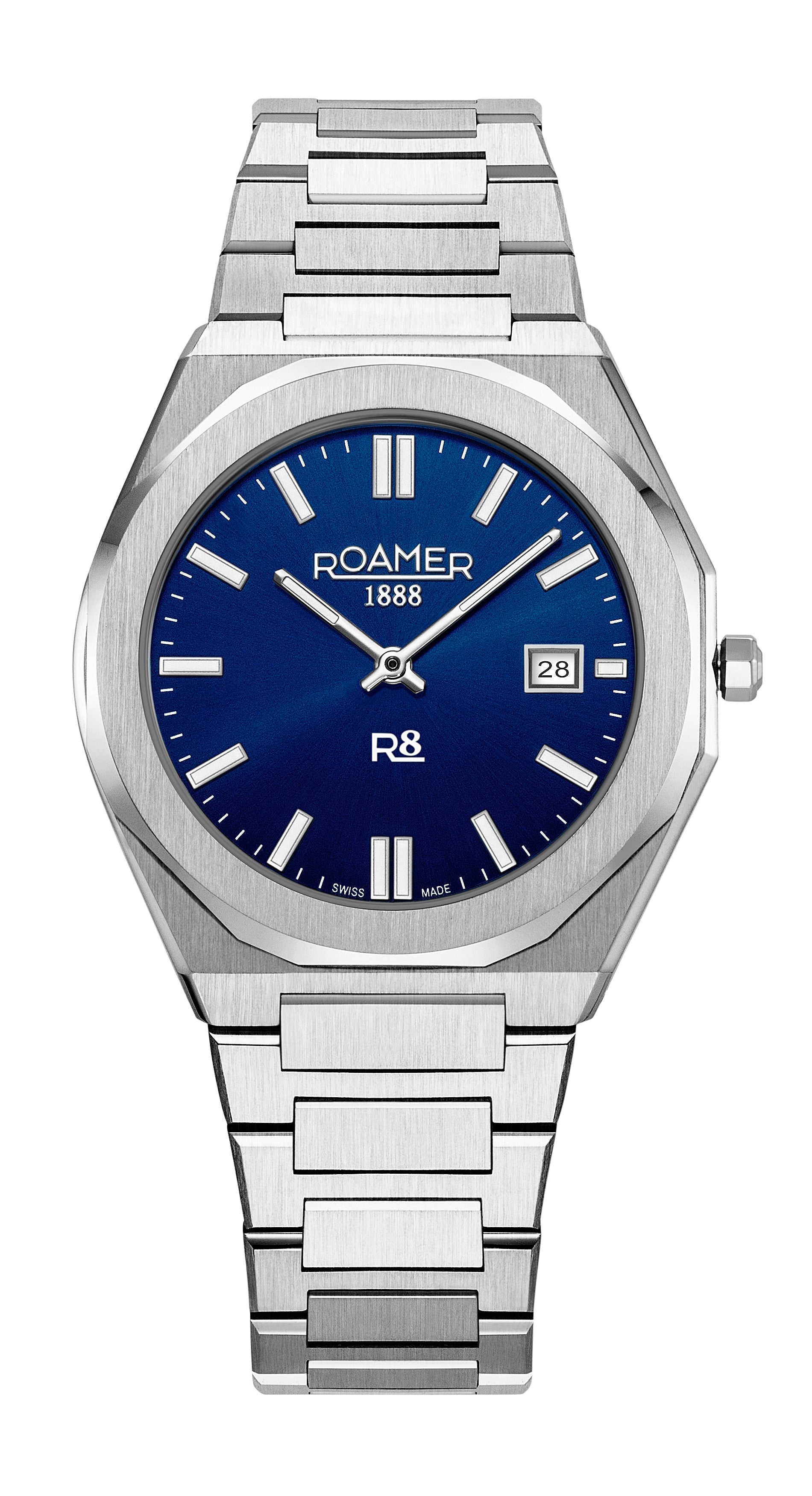 R8 Gents 41 mm Quartz Three-Hand Date Blue Dial Silver Bracelet Sapphire glass Stainless Steel swiss watch