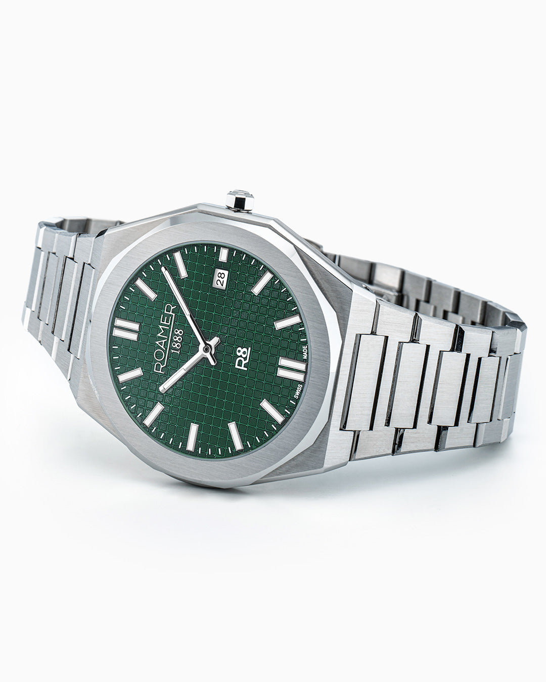 R8 Gents 41 mm Quartz Three Hand Date Green Dial Silver Bracelet Sapphire glass Stainless Steel swiss watch