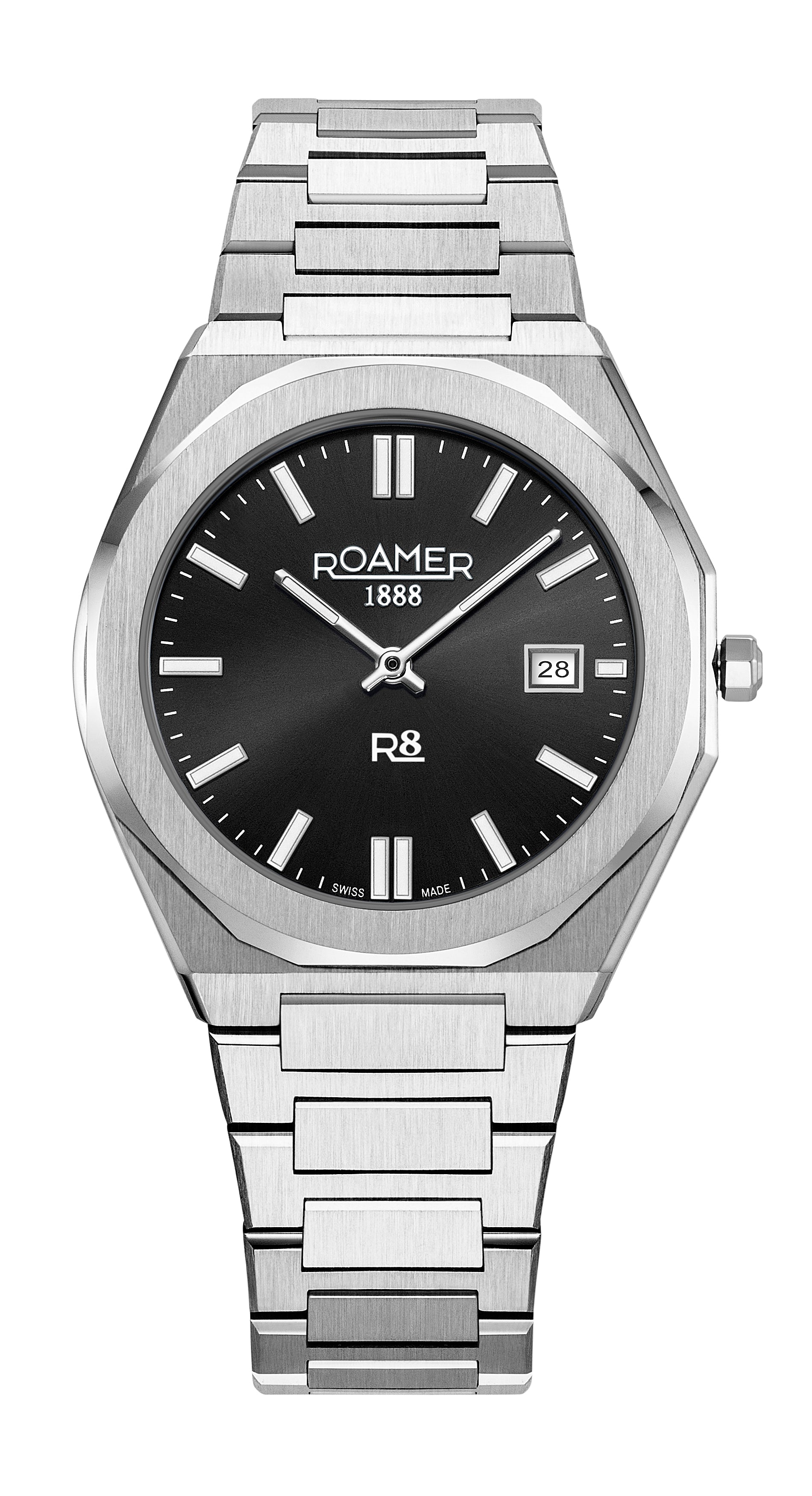 R8 Gents 41 mm Quartz Three-Hand Date Black Sunray Dial Silver Bracelet Sapphire glass Stainless Steel swiss watch