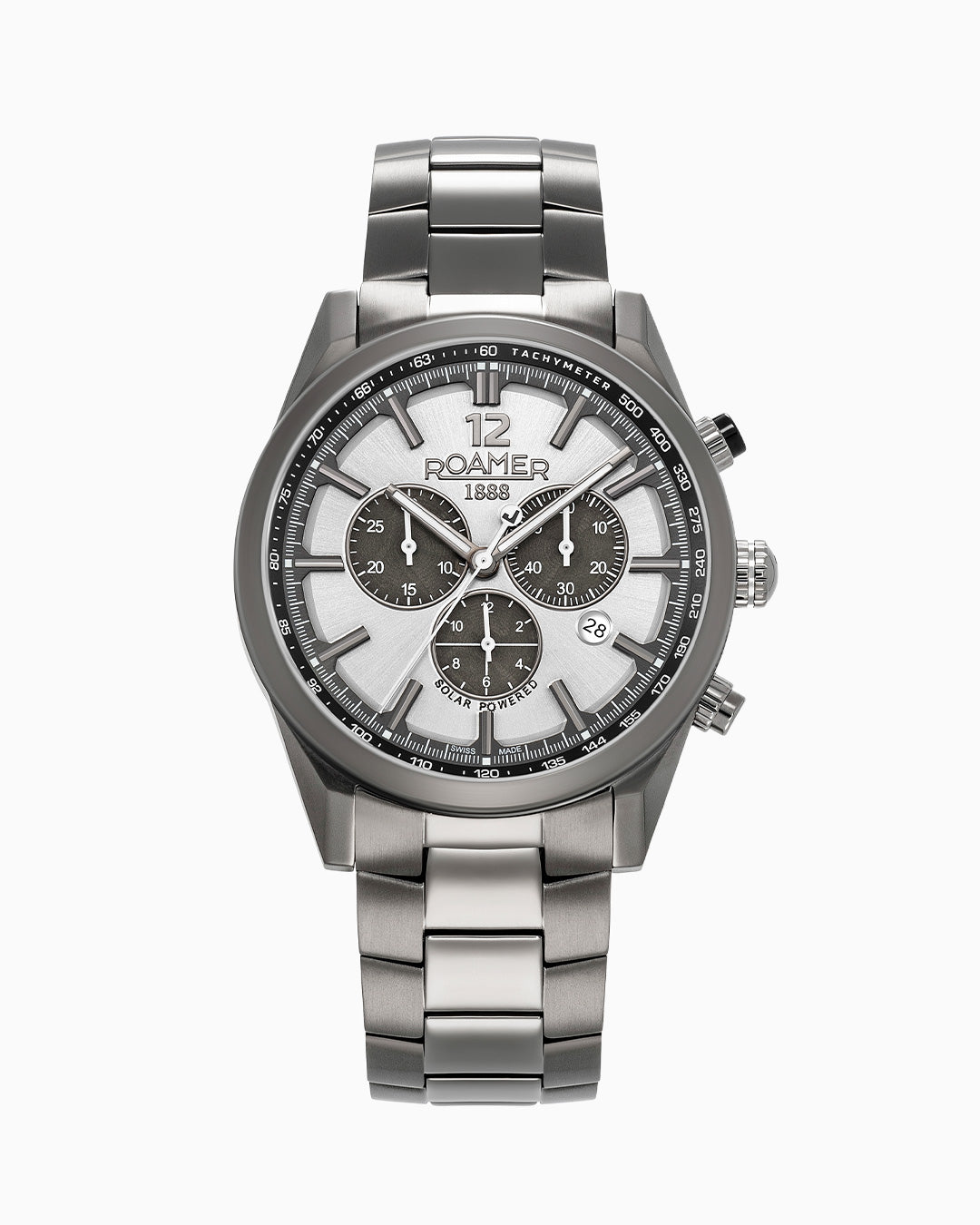 Helios Power 43.5mm Solar powered Chronograph Date Silver dial Gun color Bracelet Sapphire glass Stainless Steel swiss watch