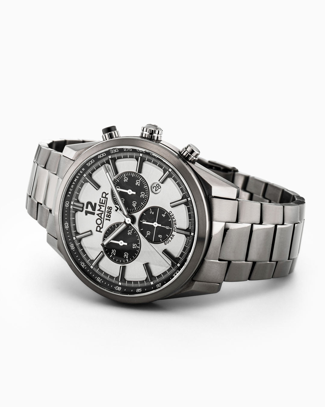 Helios Power 43.5mm Solar powered Chronograph Date Silver dial Gun color Bracelet Sapphire glass Stainless Steel swiss watch