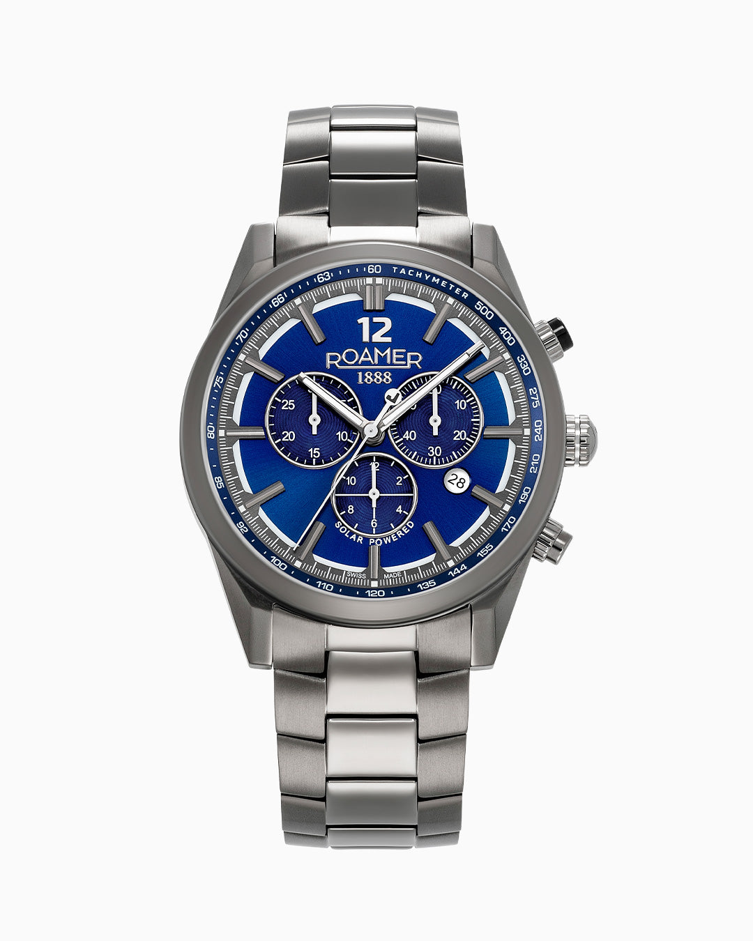Helios Power 43.5mm Solar powered Chronograph Date Blue Sunray Dial Gun color Bracelet Sapphire glass Stainless Steel swiss watch