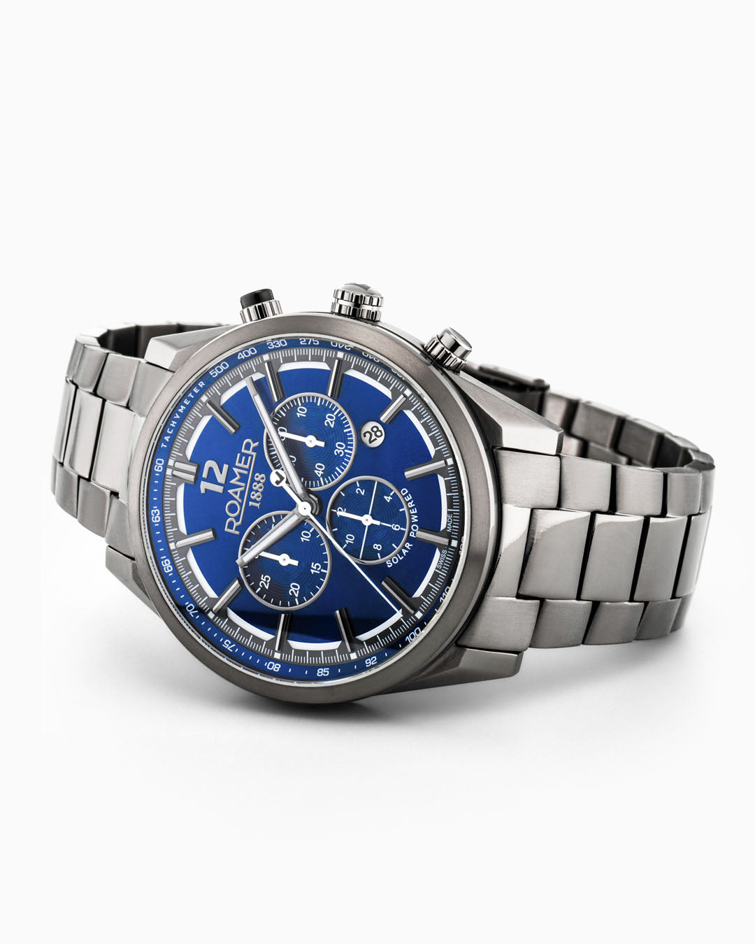 Helios Power 43.5mm Solar powered Chronograph Date Blue Sunray Dial Gun color Bracelet Sapphire glass Stainless Steel swiss watch