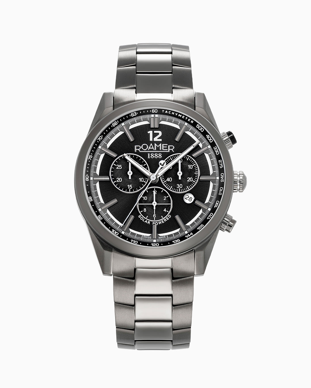 Helios Power 43.5mm Solar Powered Chronograph Date Black Sunray Gun Color Bracelet Sapphire Glass Titanium Swiss Watch