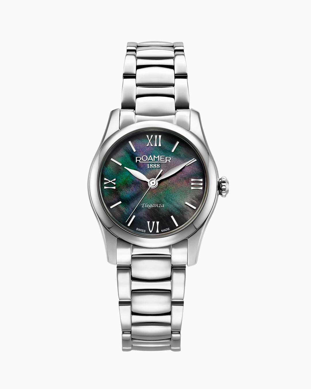 Eleganza 30mm Quartz Three-Hand Date Black Mop Dial Silver Bracelet Sapphire glass Stainless Steel swiss watch