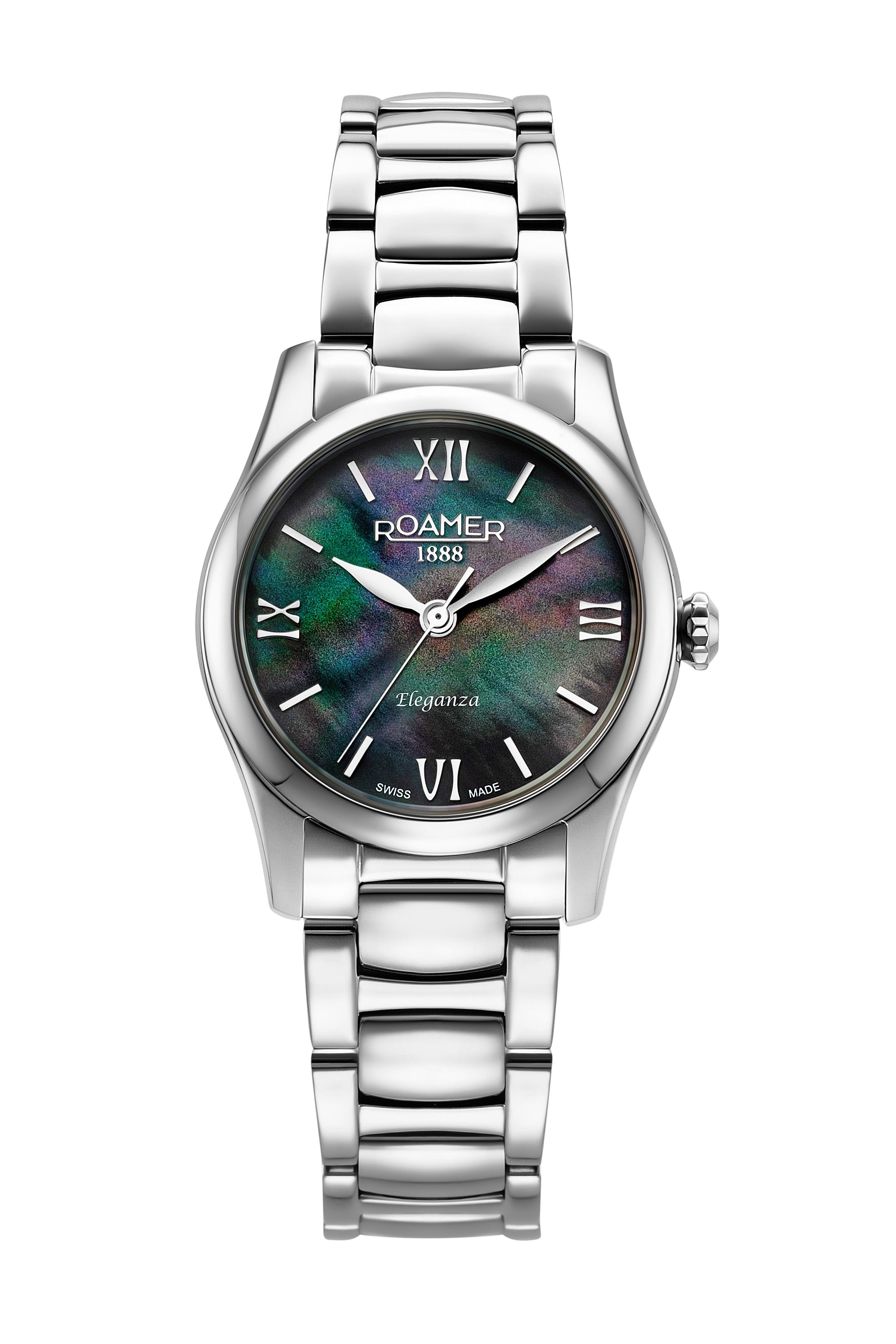 Eleganza 30mm Quartz Three-Hand Date Black Mop Dial Silver Bracelet Sapphire glass Stainless Steel swiss watch
