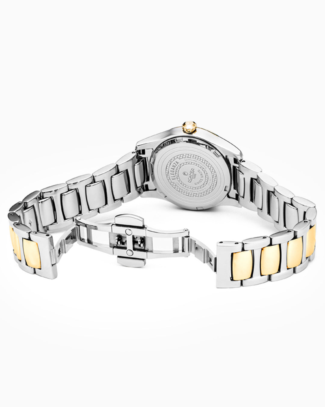 Eleganza 30mm Quartz Three-Hand Date White MOP Two-Tone Bracelet Sapphire glass Stainless Steel swiss watch