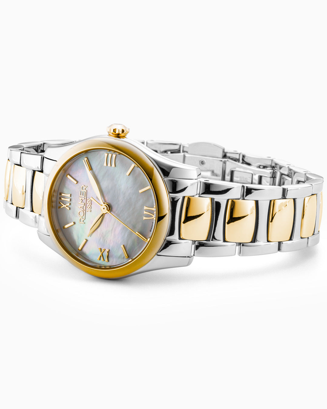 Eleganza 30mm Quartz Three-Hand Date White MOP Two-Tone Bracelet Sapphire glass Stainless Steel swiss watch