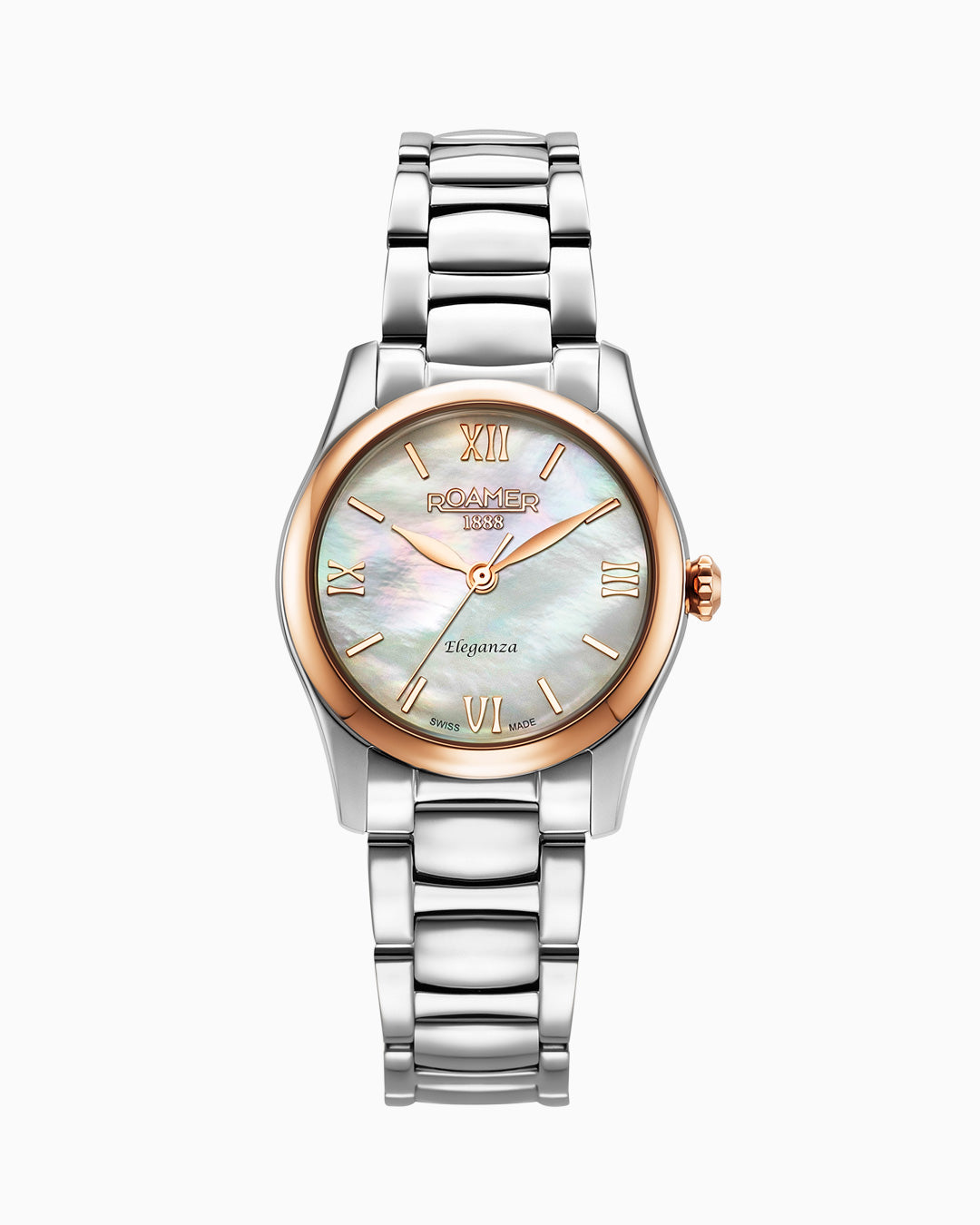 Eleganza 30mm Quartz Three-Hand Date White Mop Dial Silver Bracelet Sapphire glass Stainless Steel swiss watch