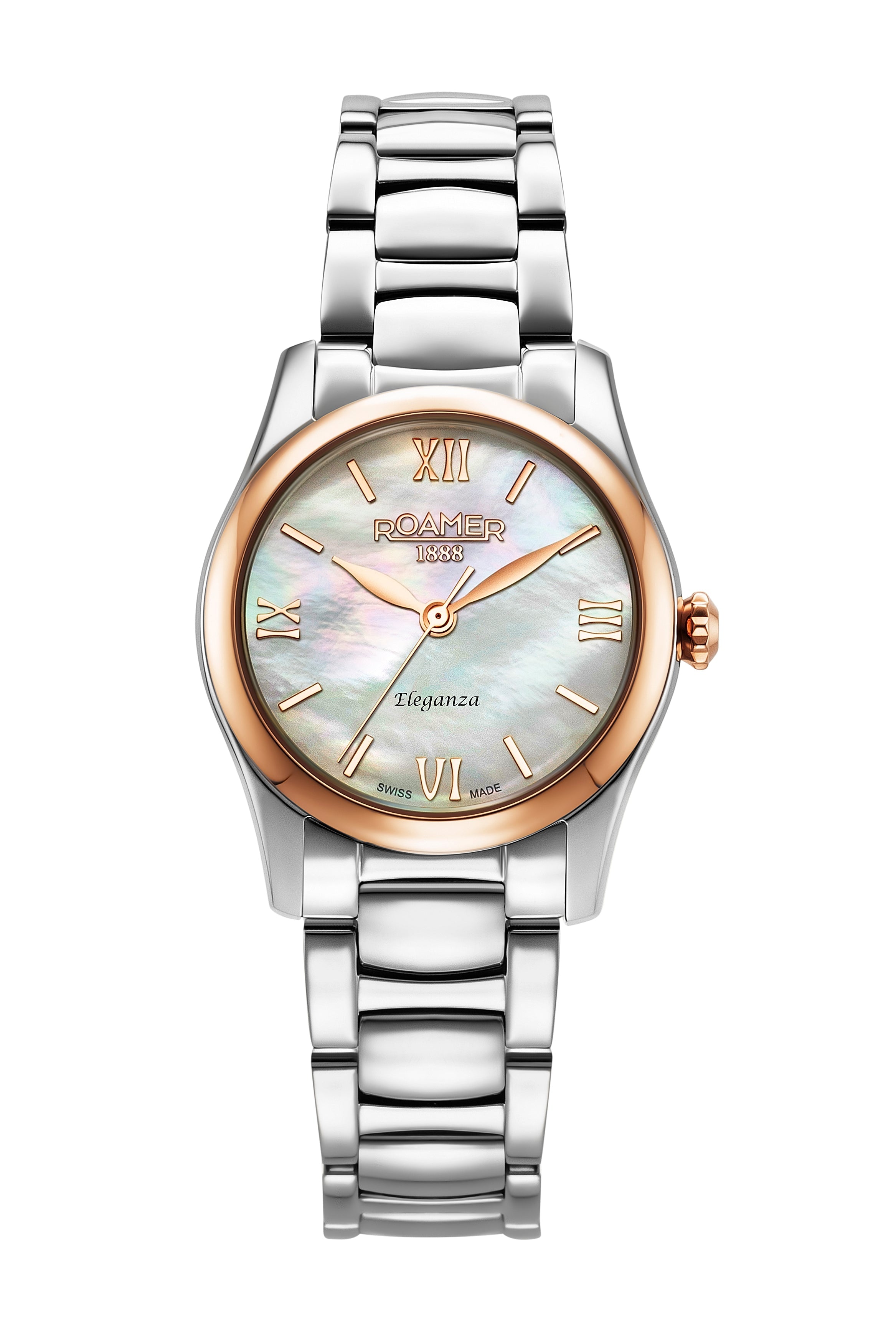 Eleganza 30mm Quartz Three-Hand Date White Mop Dial Silver Bracelet Sapphire glass Stainless Steel swiss watch