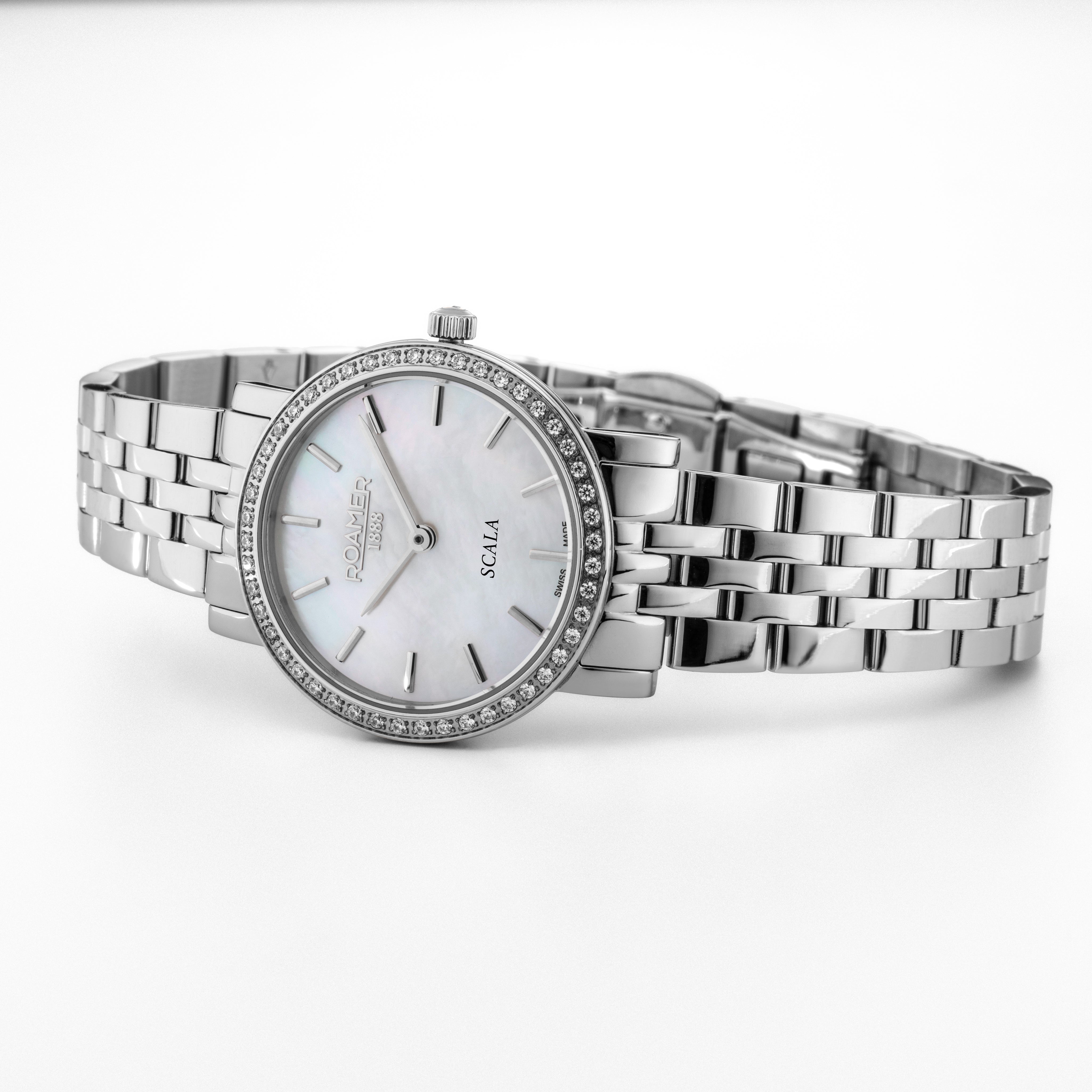 Scala 28 mm Quartz Two-Hand White MOP Silver Bracelet Sapphire glass Stainless Steel swiss watch
