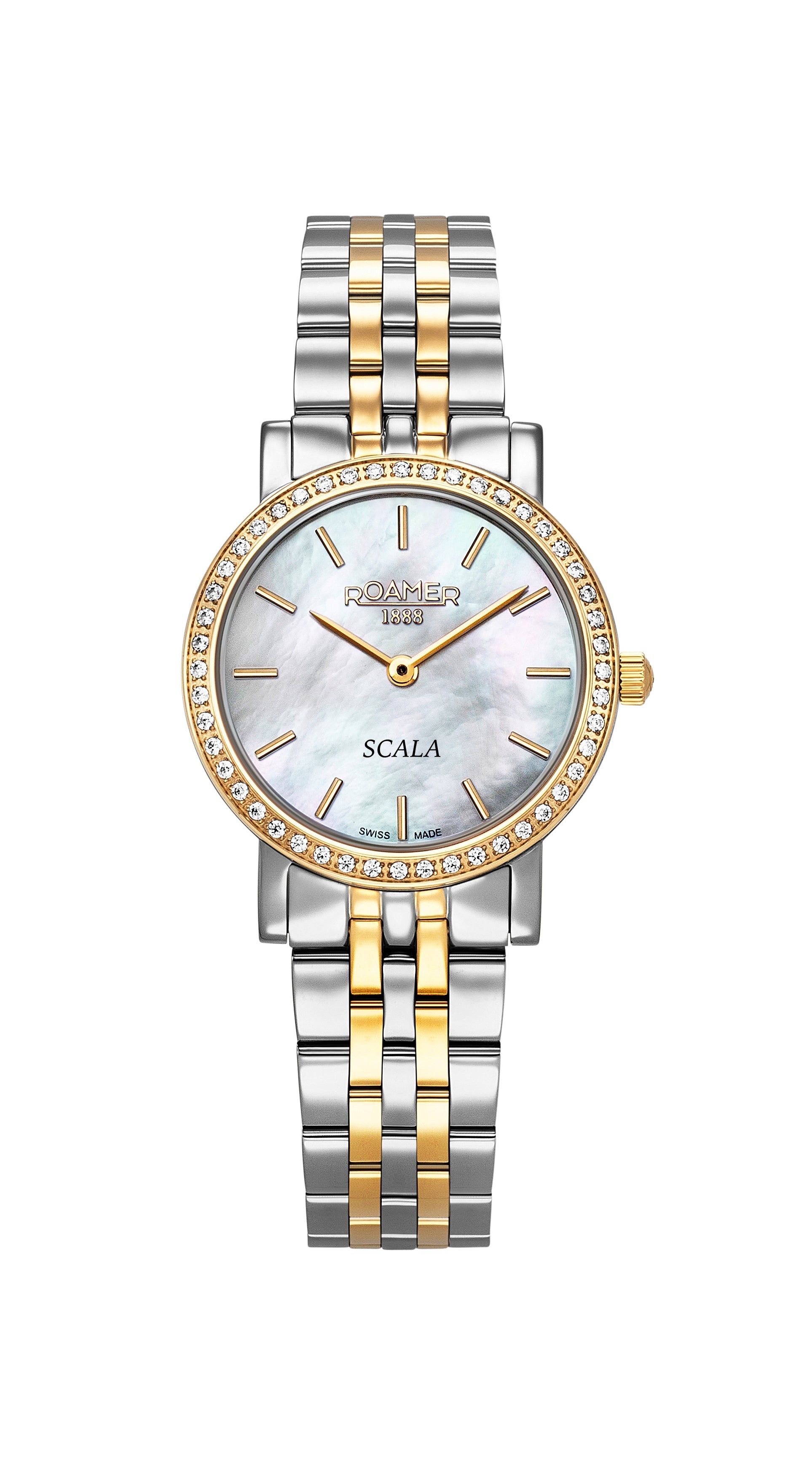 Scala 28 mm Quartz Two-Hand White Mop Dial Silver-Gold Tone Bracelet Sapphire glass Stainless Steel swiss watch