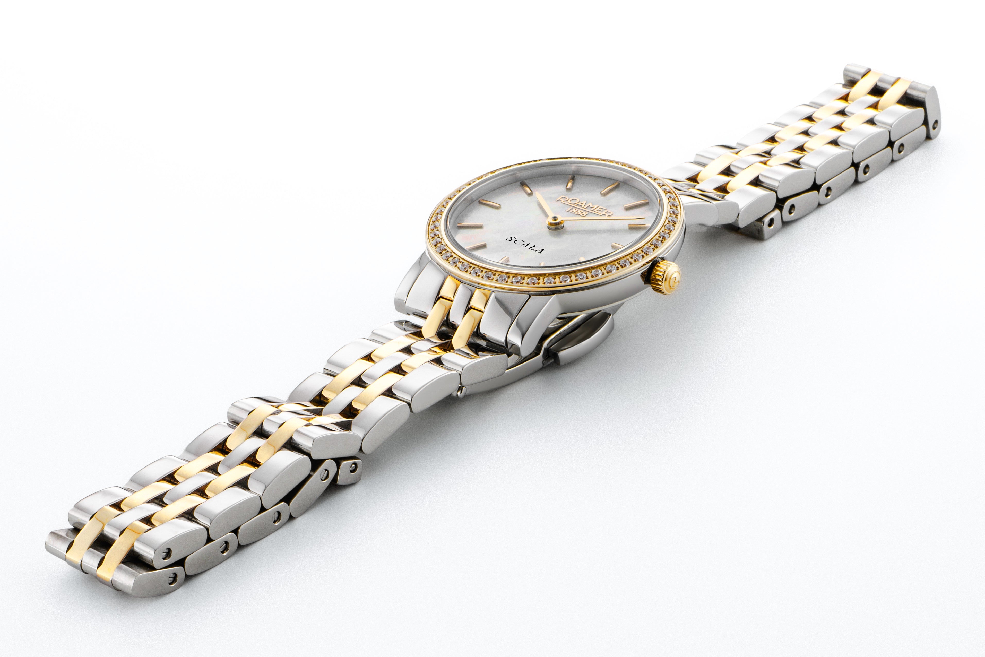 Scala 28 mm Quartz Two-Hand White Mop Dial Silver-Gold Tone Bracelet Sapphire glass Stainless Steel swiss watch