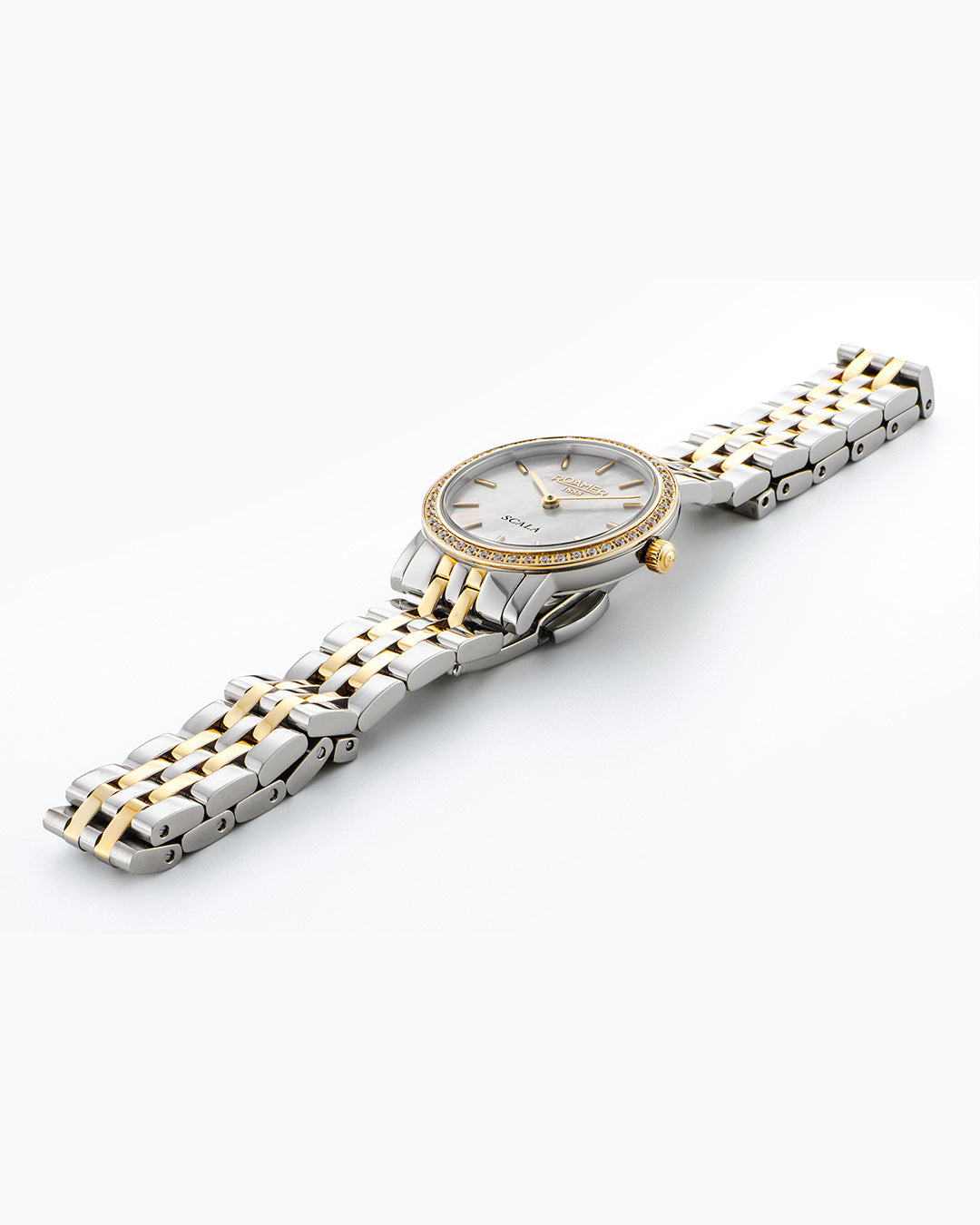 Scala 28 mm Quartz Two-Hand White Mop Dial Silver-Gold Tone Bracelet Sapphire glass Stainless Steel swiss watch