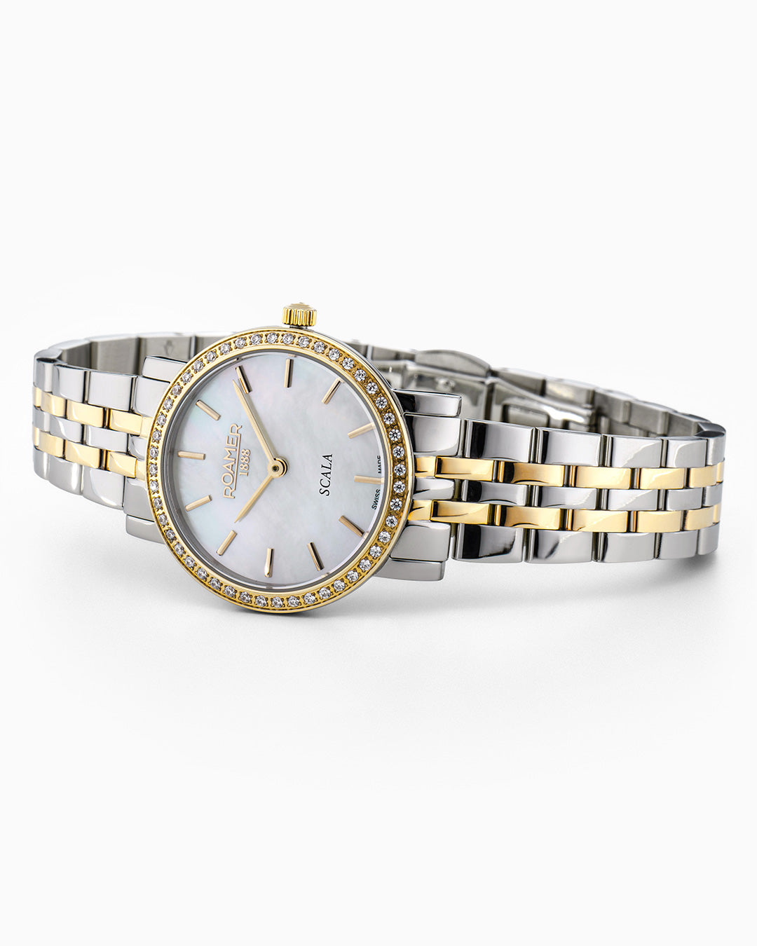 Scala 28 mm Quartz Two-Hand White Mop Dial Silver-Gold Tone Bracelet Sapphire glass Stainless Steel swiss watch