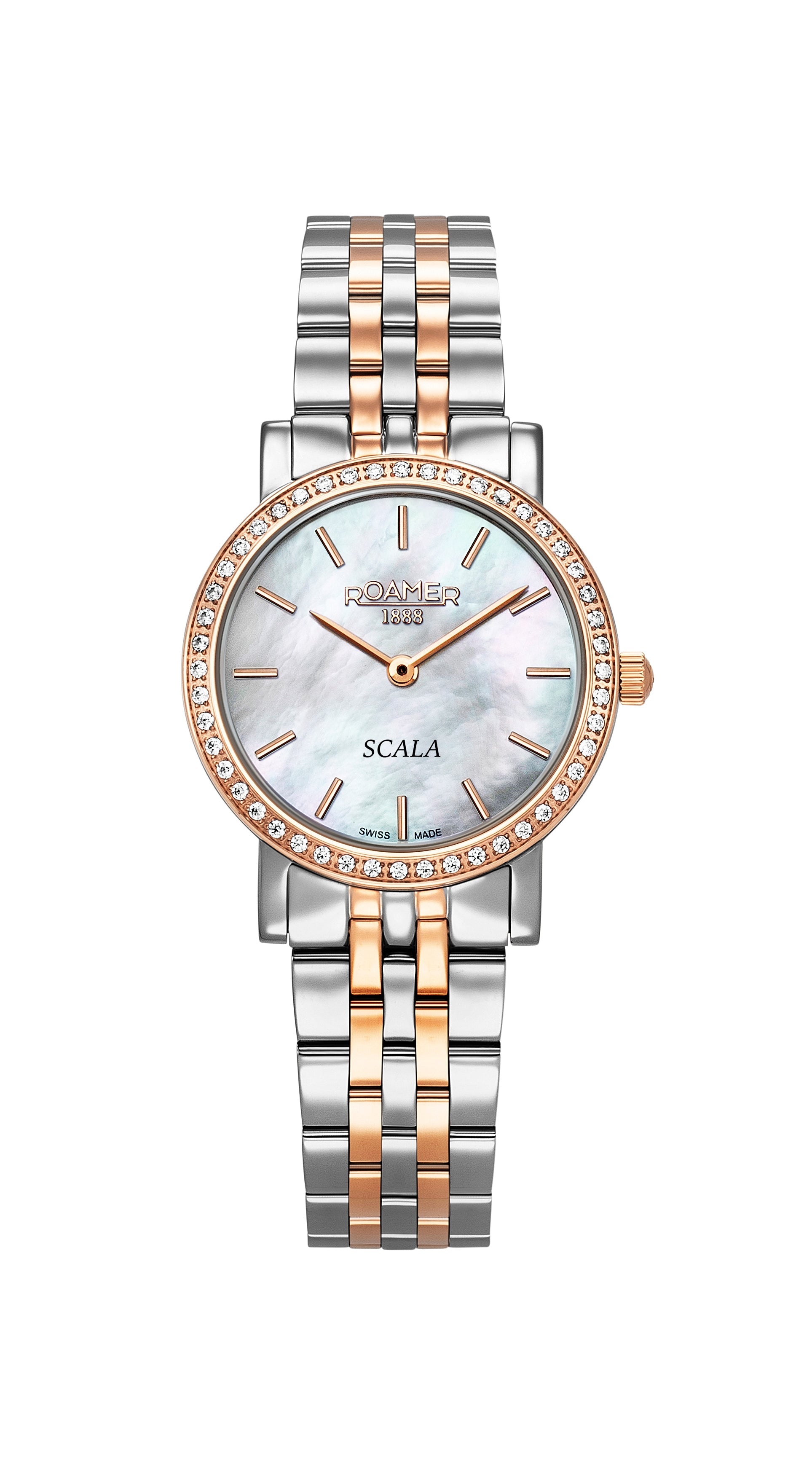 Scala 28 mm Quartz Two-Hand White Mop Dial Rose Gold-Silver Tone Bracelet Sapphire glass Stainless Steel swiss watch