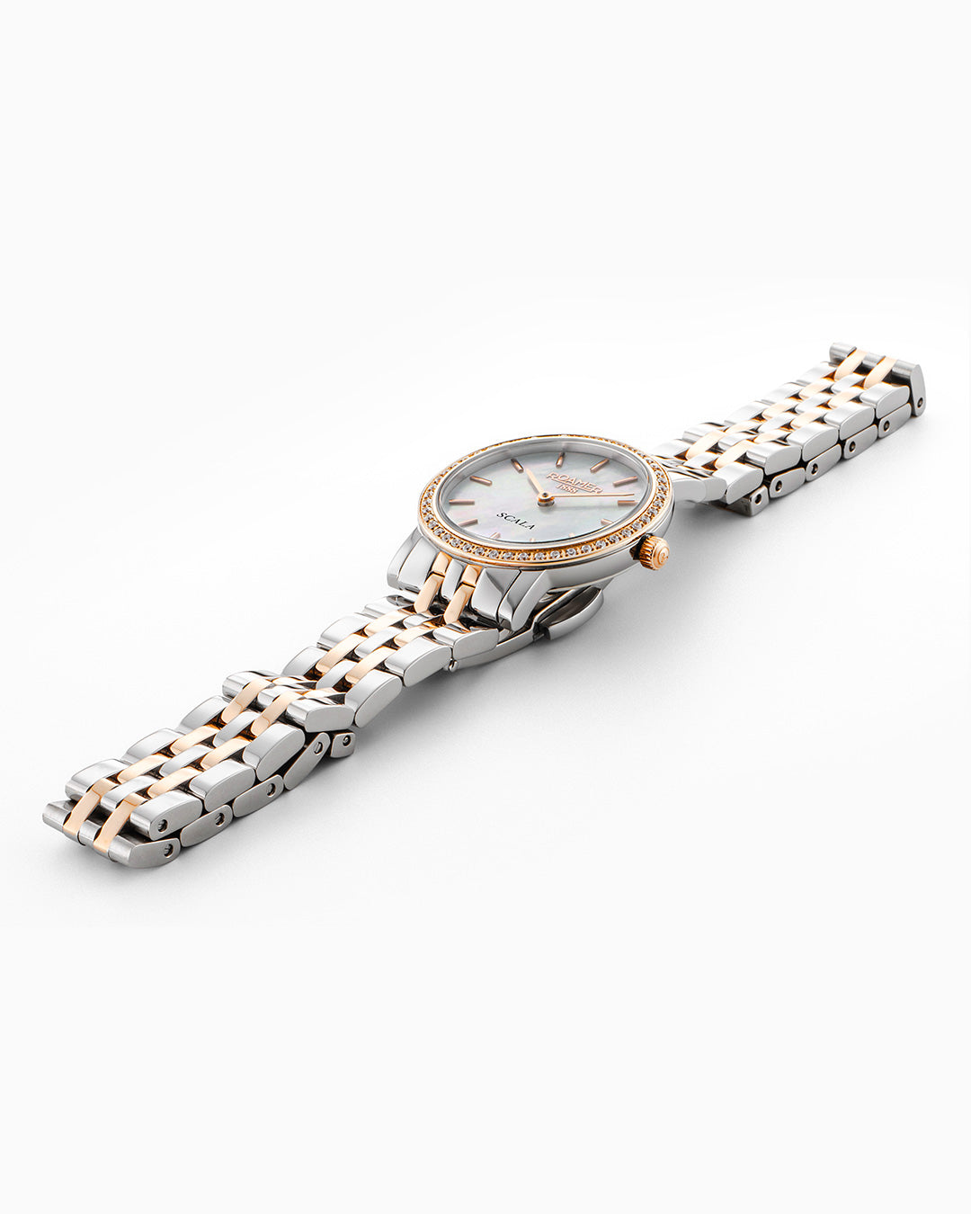 Scala 28 mm Quartz Two-Hand White Mop Dial Rose Gold-Silver Tone Bracelet Sapphire glass Stainless Steel swiss watch