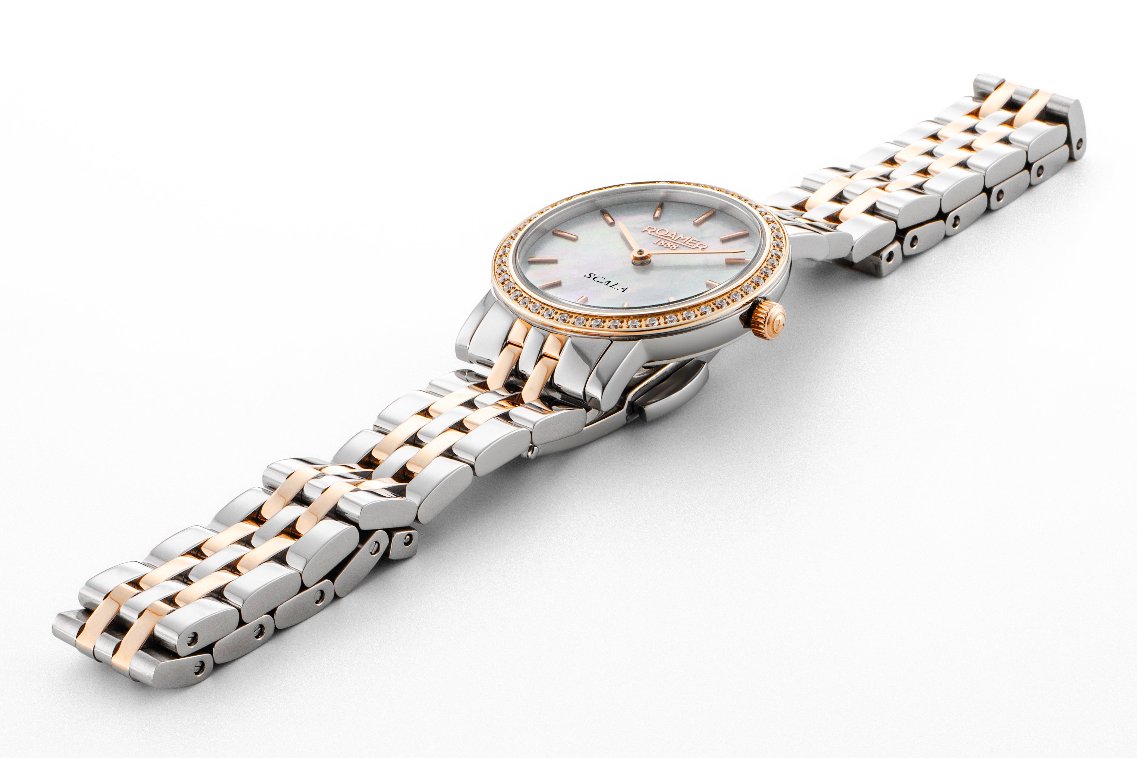 Scala 28 mm Quartz Two-Hand White Mop Dial Rose Gold-Silver Tone Bracelet Sapphire glass Stainless Steel swiss watch