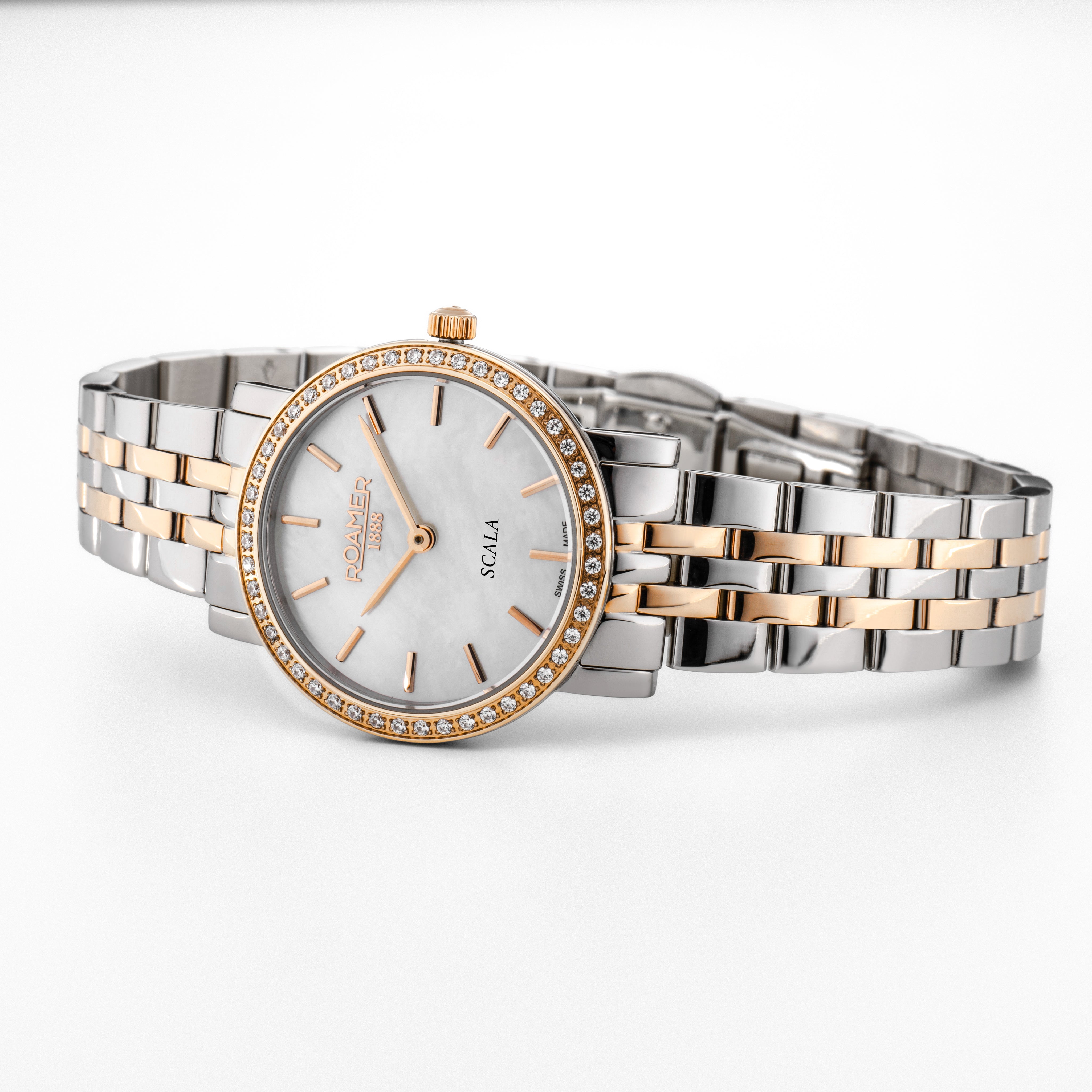 Scala 28 mm Quartz Two-Hand White Mop Dial Rose Gold-Silver Tone Bracelet Sapphire glass Stainless Steel swiss watch