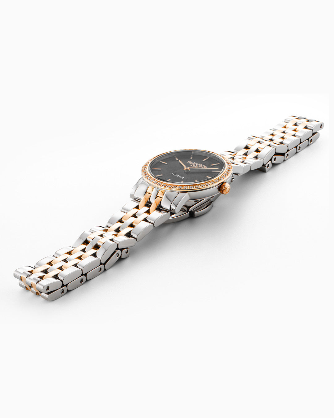 Scala 28 mm Quartz Two-Hand Black MOP Dial Two-Tone Bracelet Sapphire glass Stainless Steel swiss watch