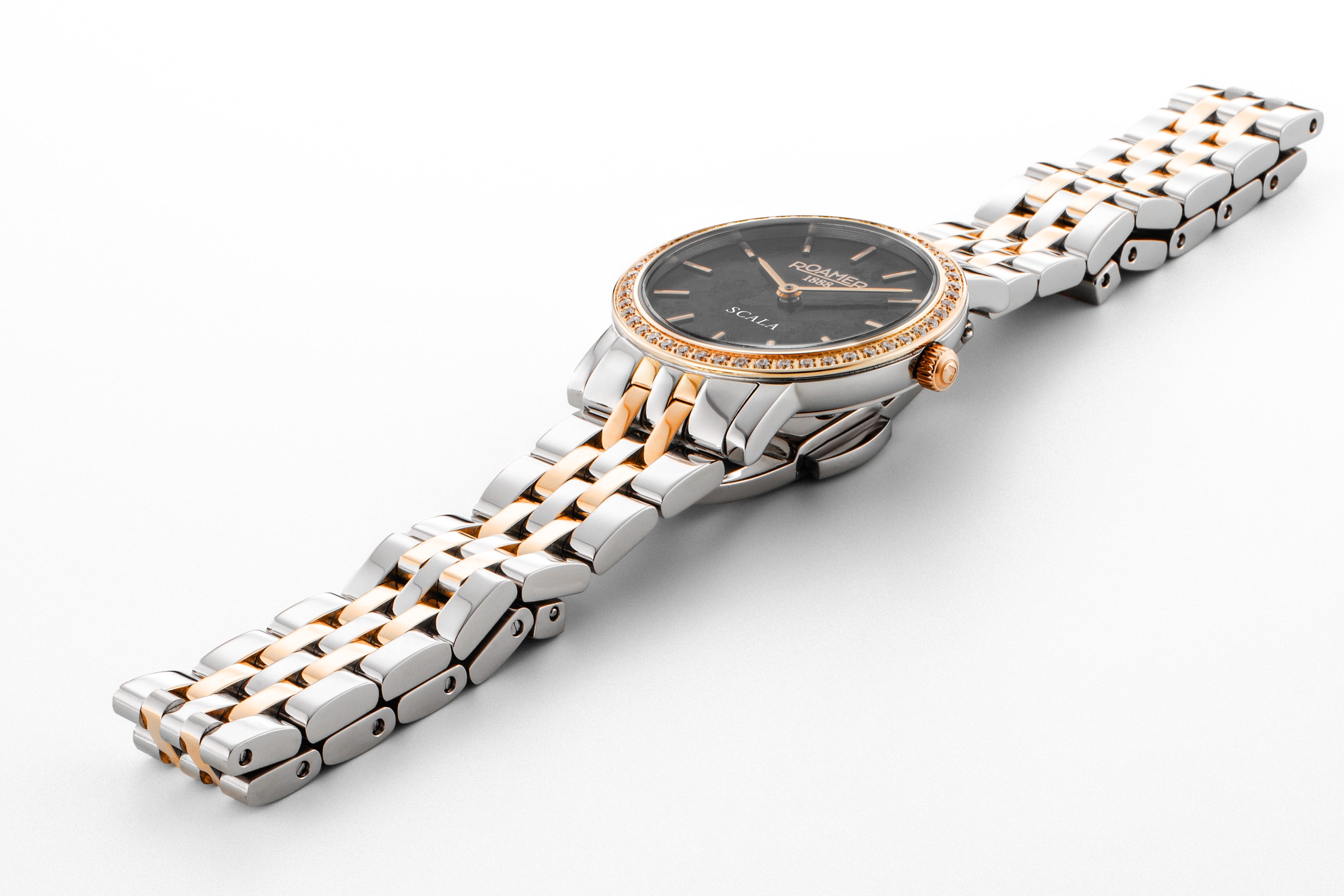 Scala 28 mm Quartz Two-Hand Black MOP Dial Two-Tone Bracelet Sapphire glass Stainless Steel swiss watch